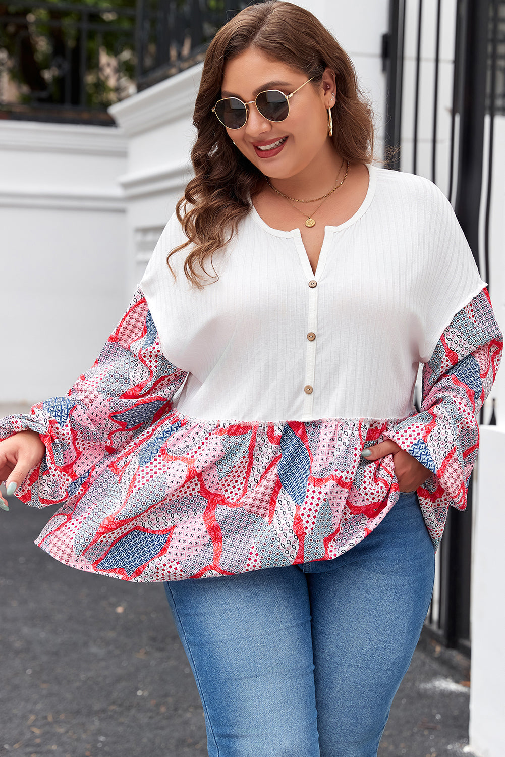 Apricot Plus Size Printed Patchwork Textured Buttoned Blouse Beagle Boutique Fashion Outlet