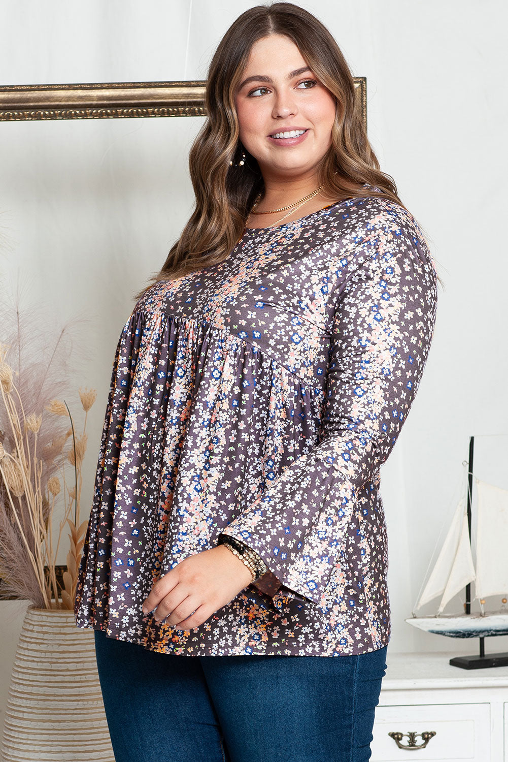 Purple Floral Print Round Neck Plus Size Babydoll Blouse BB Fashion Outlet