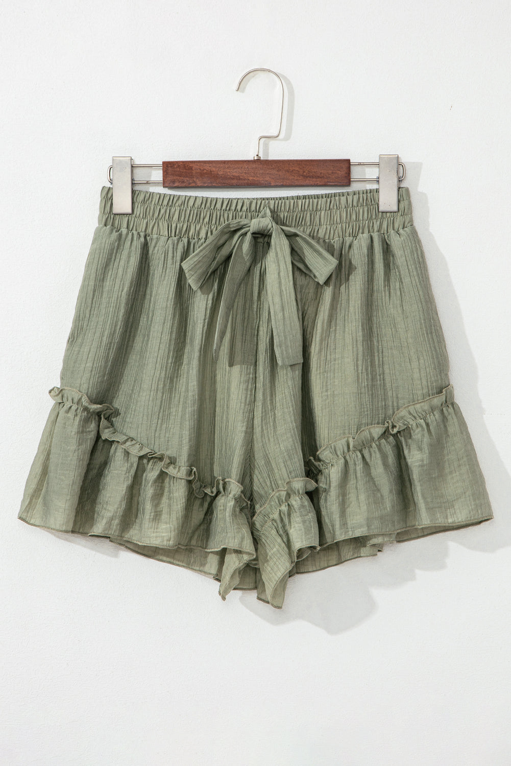 Laurel Green Textured Tie Waist Ruffle Hem Shorts eAura