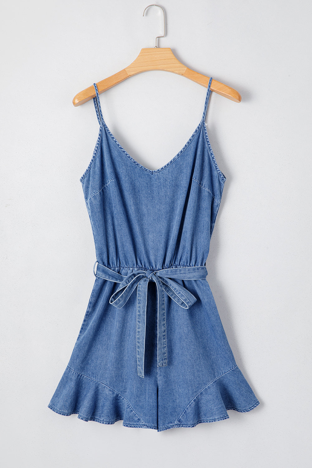 Ashleigh Blue Spaghetti Straps V Neck Belted Ruffled Leg Chambray Romper eAura