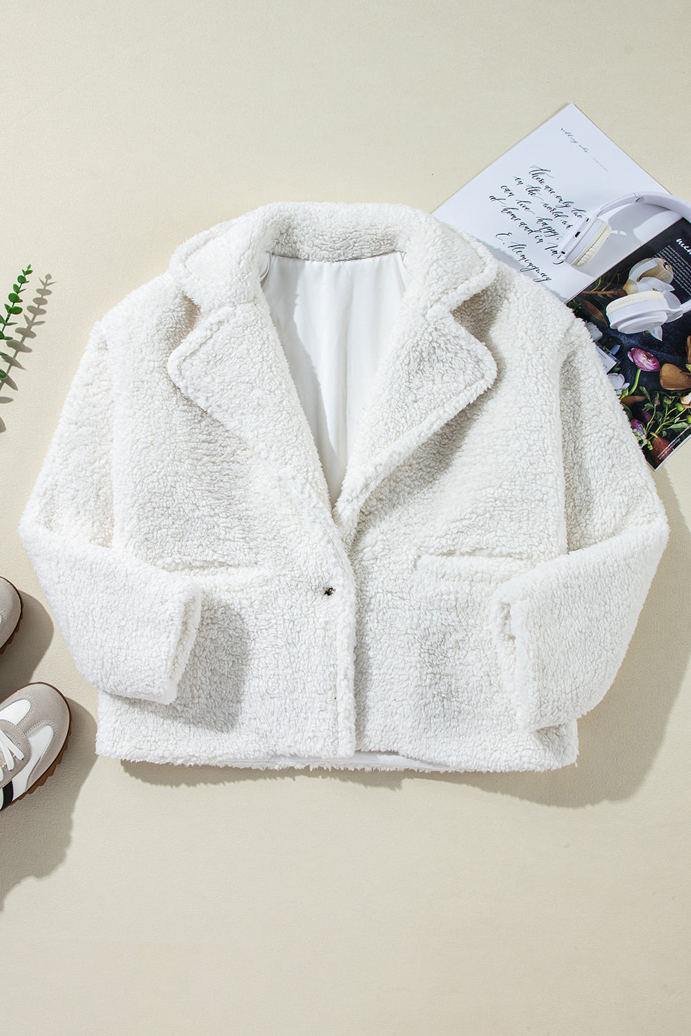 Beige Faux Fur Button Pocketed Lapel Collar Jacket Beagle Boutique Fashion Outlet