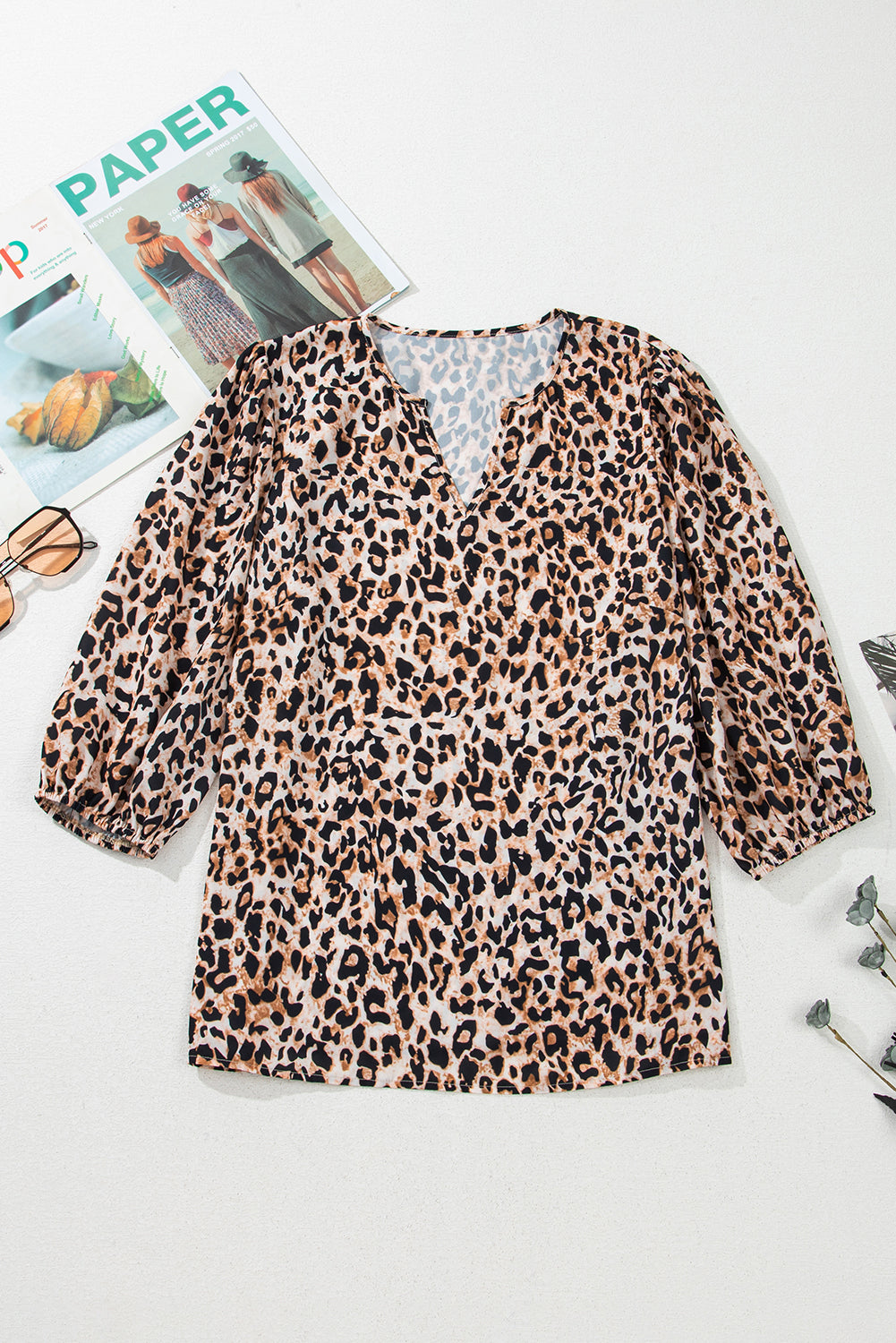 Apricot Leopard V Neck Half Sleeve Blouse eAura