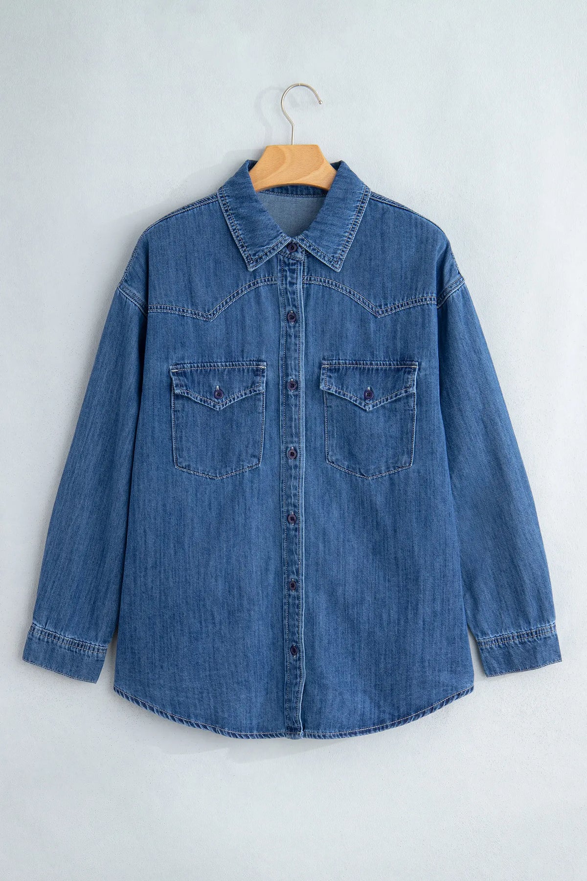 Western Patch Pockets Tunic Length Long Sleeve Denim Shirt – Sail Blue