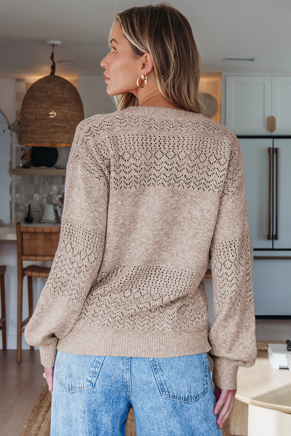 Brown Eyelet Pattern Detail V Neck Drop Shoulder Sweater eAura