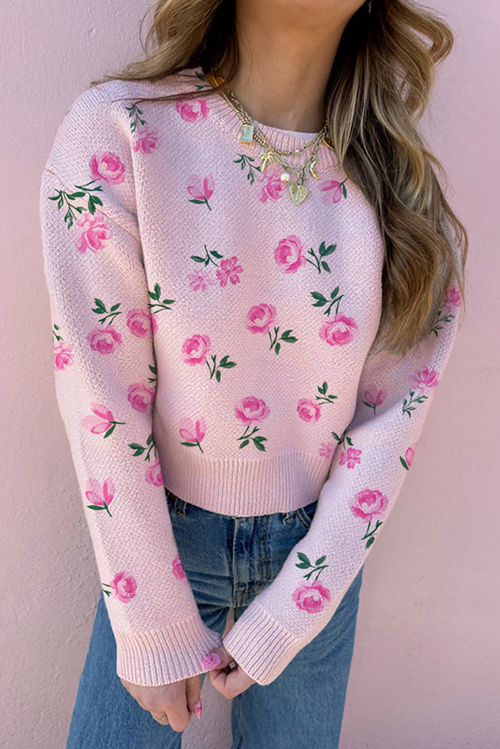 Floral Print Drop Shoulder Cropped Sweater Dear-Lover Dropshipping