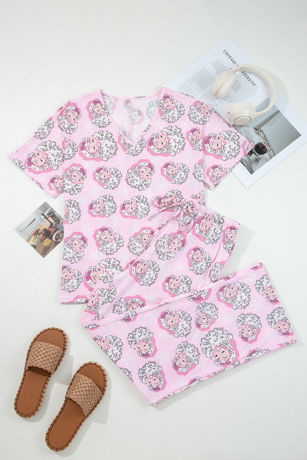 Pink Santa Claus Print V-Neck Tee Drawstring Pyjama Set - eAura