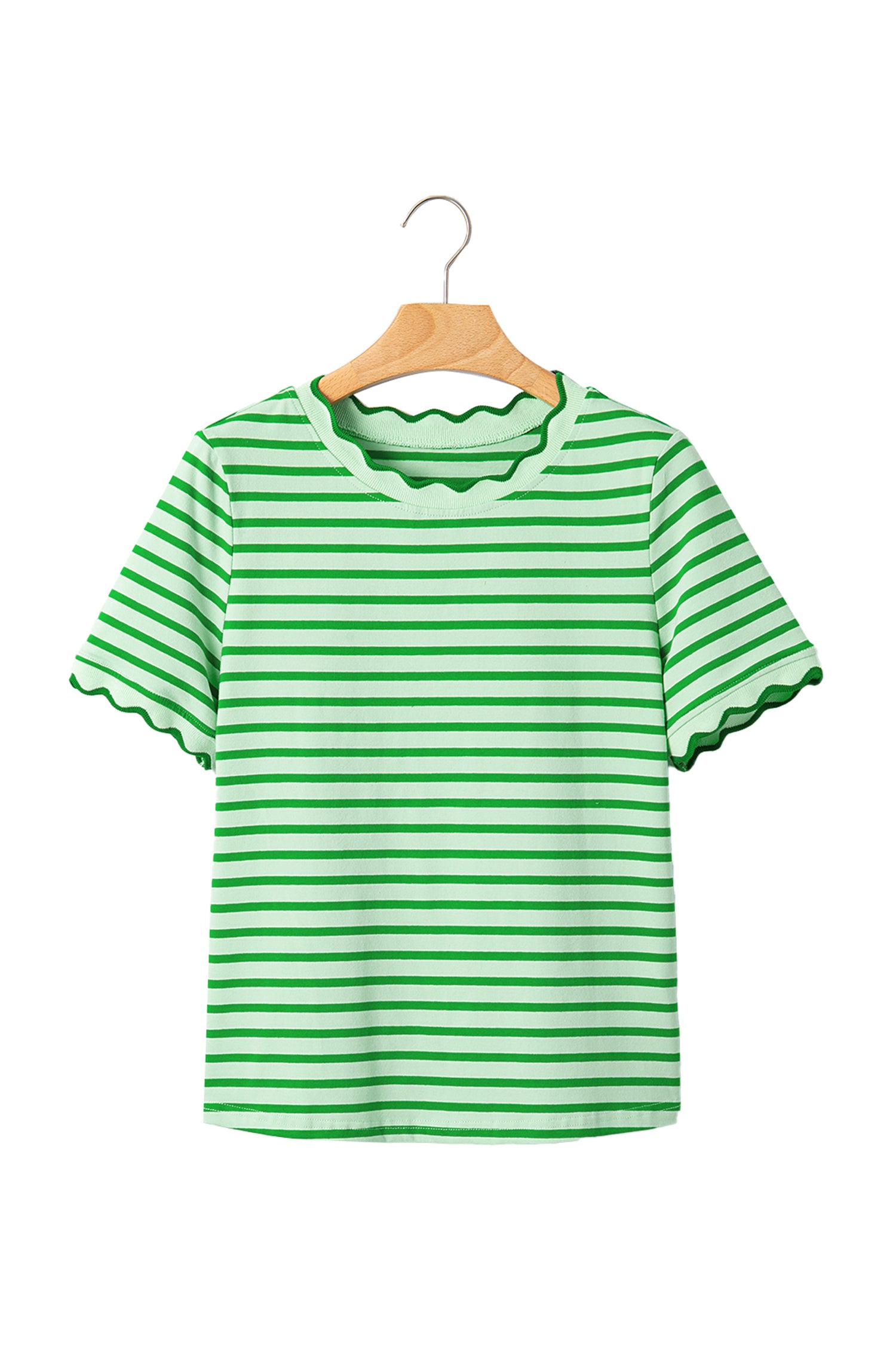 Stripe Scalloped Trim Round Neck T-Shirt