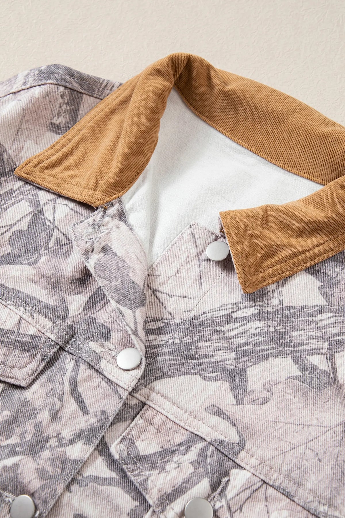 Abstract Camo Print Colourblock Collar Oversized Shift Silhouette Denim Jacket – Grey