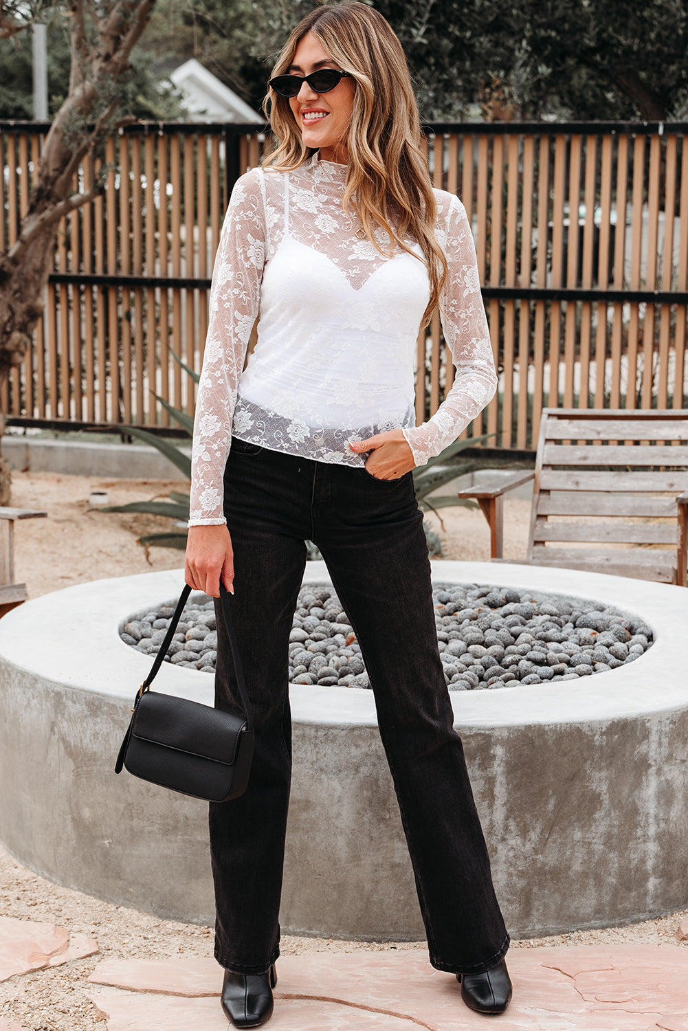 Sheer Floral Lace Mesh Mock Neck Long Sleeve Top - eAura