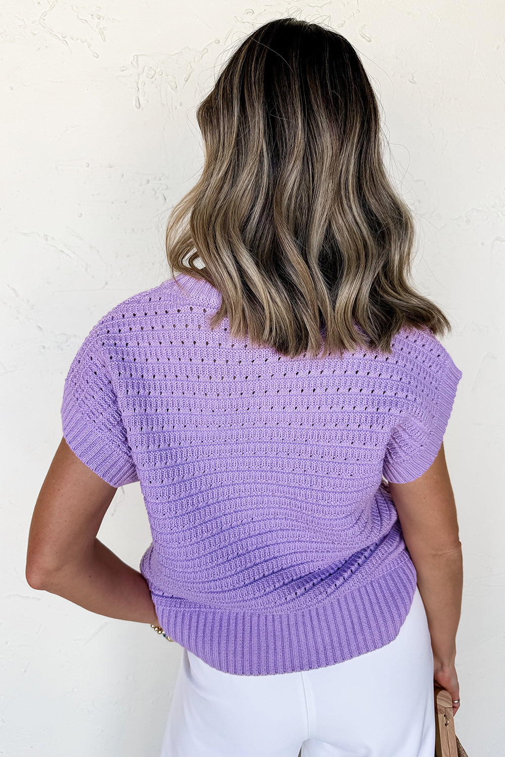 Pointelle knit Ribbed Trim Short Sleeve Sweater eAura