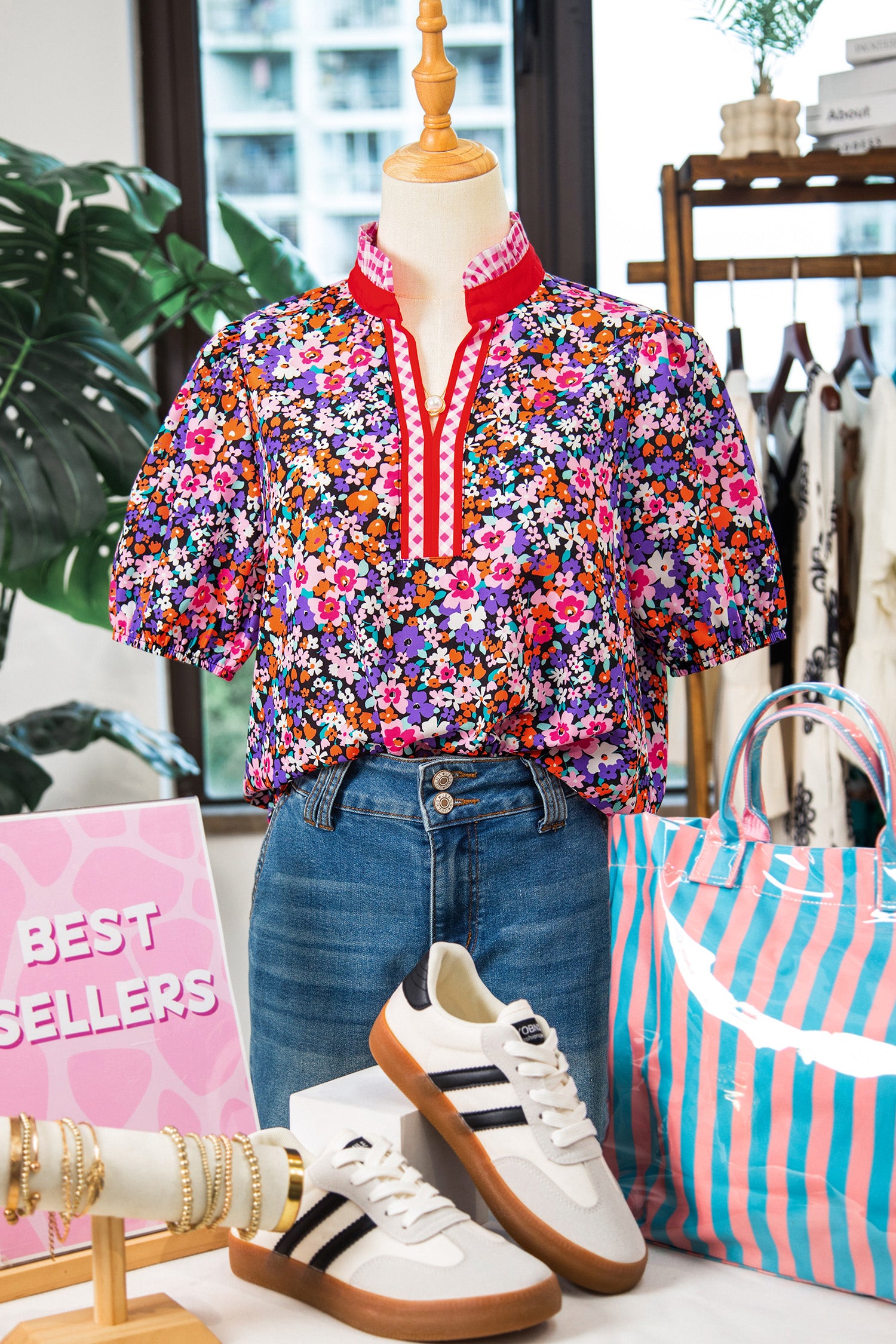 Ditsy Floral Print Plaid Colorblock Trim V Neck Blouse – Purple