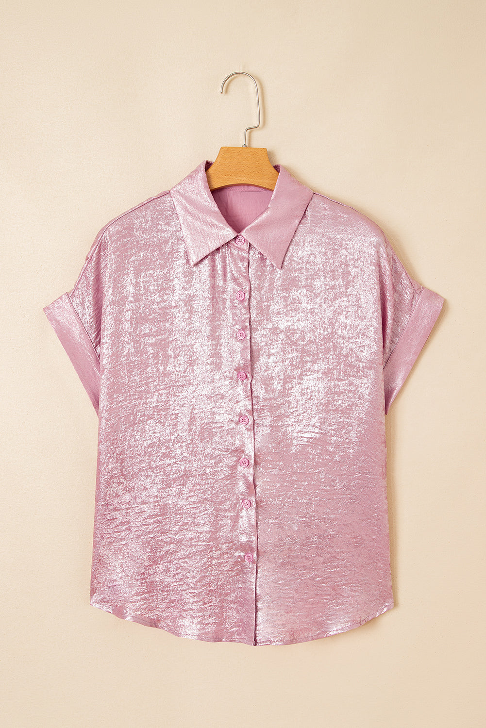 Pink Metallic Sheen Short Sleeve Buttoned Front Casual Shirt BB Fashion Outlet