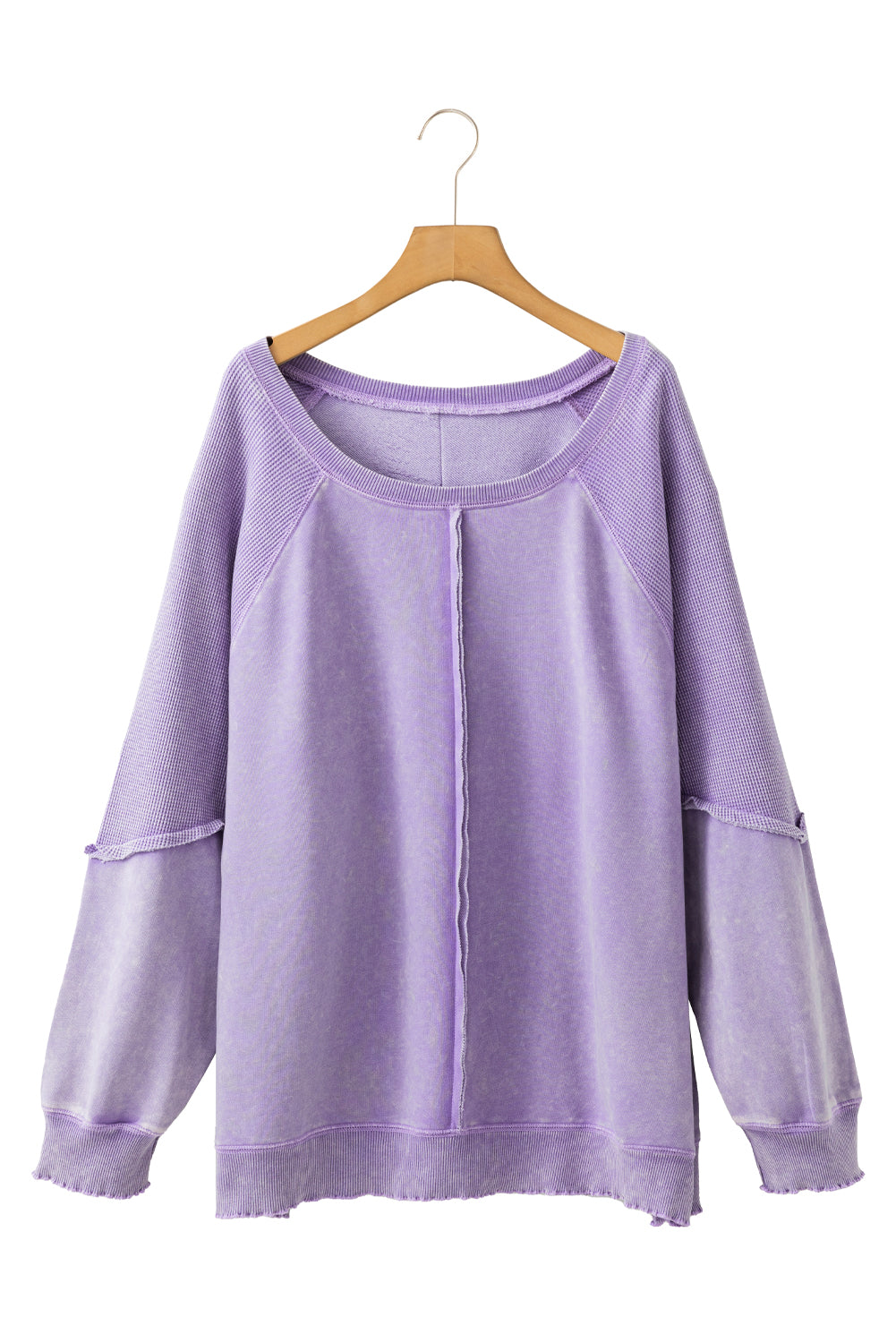 Orchid Petal Textured Patchwork Frilled Trim Plus Size Pullover Sweatshirt Beagle Boutique Fashion Outlet