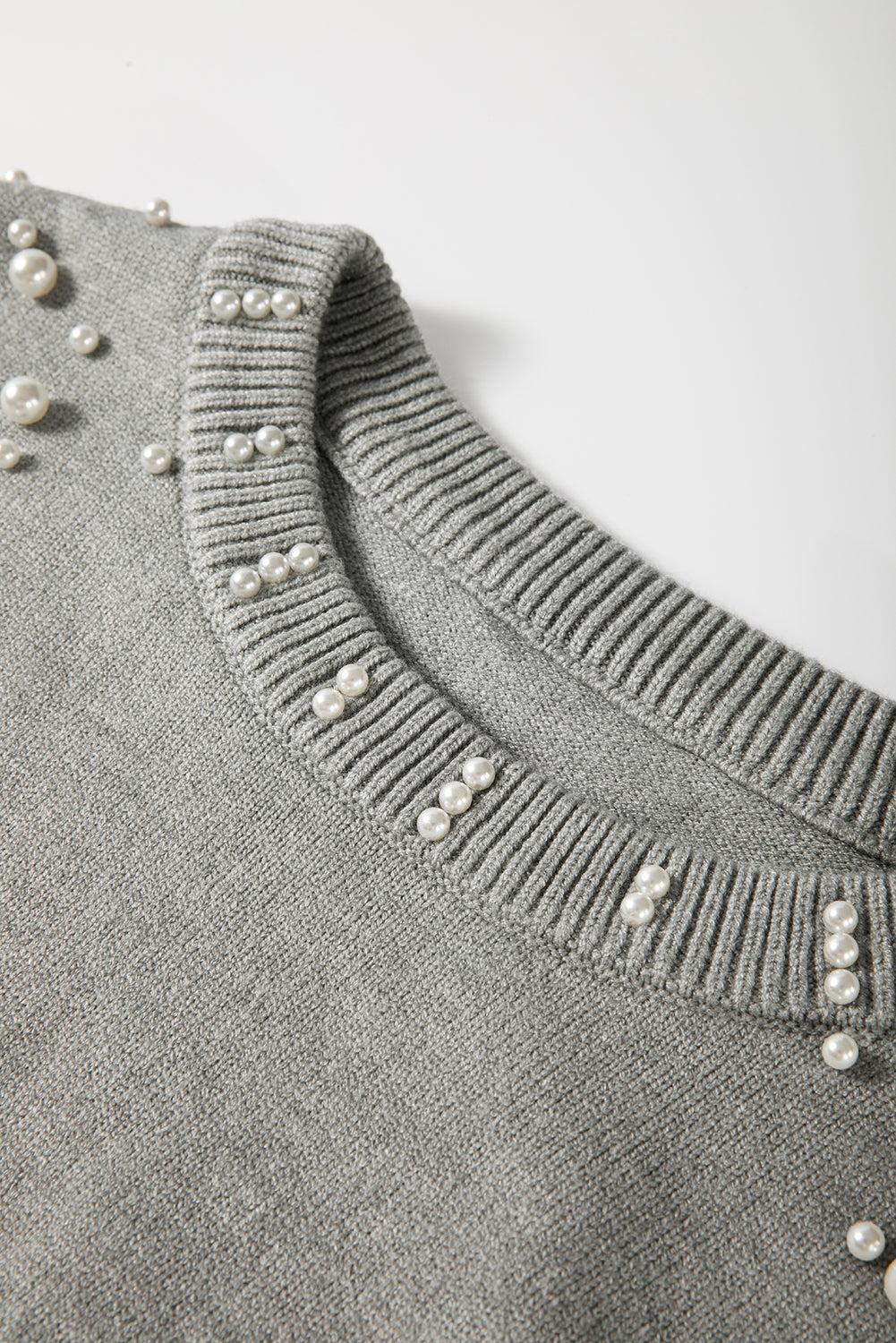 Light Grey Pearled Drop Shoulder Round Neck Sweater eAura