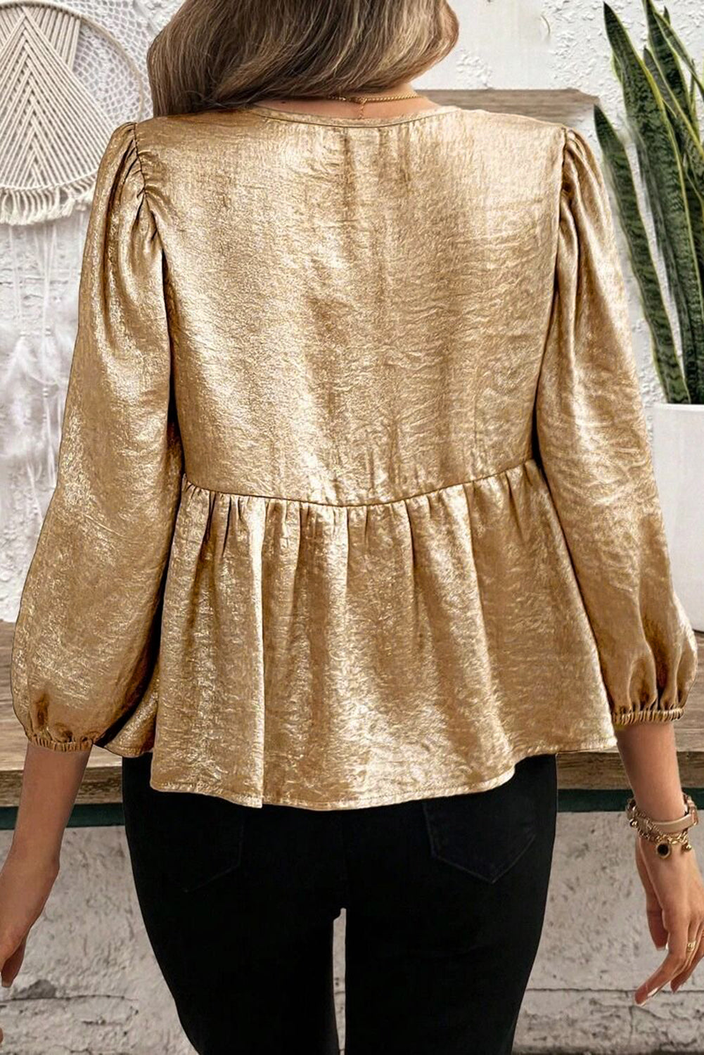 Gold Bow Tie Front Puff 3/4 Sleeve Ruffle Hem Blouse - eAura