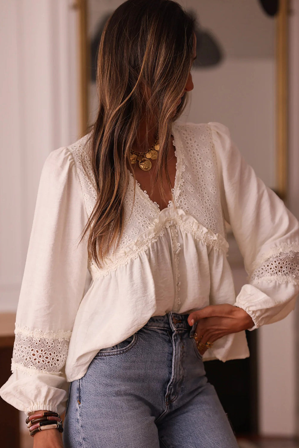 Floral Guipure Lace Patchwork Frilled Long Sleeve Blouse