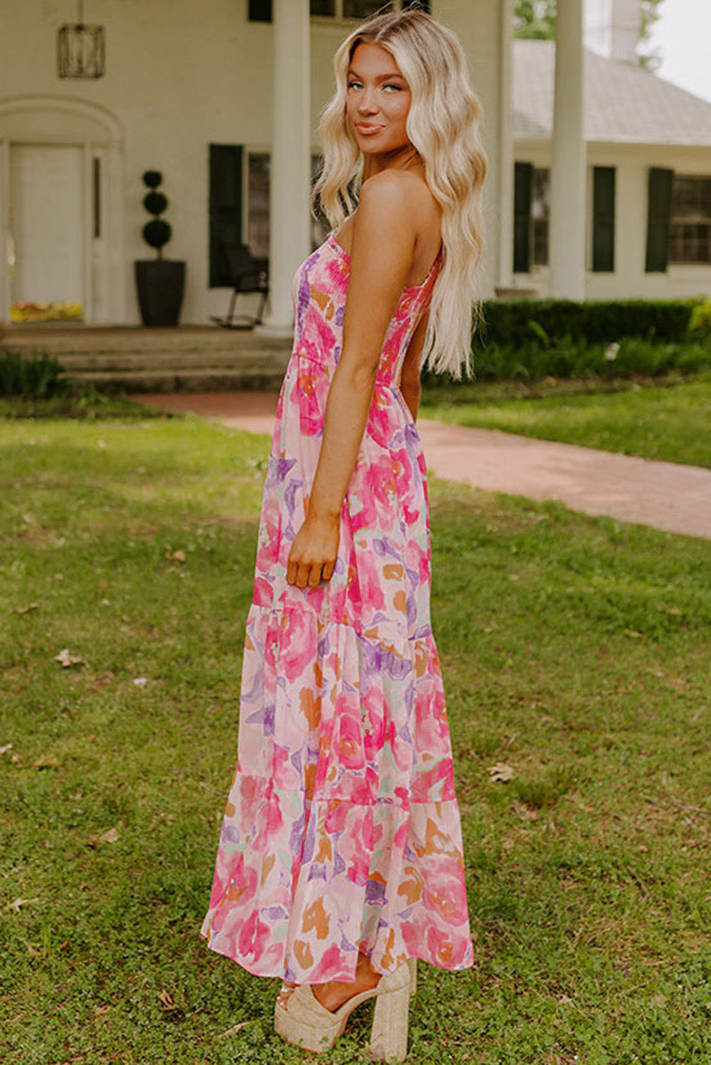 Pink Abstract Floral Print Shirred One Shoulder Maxi Dress eAura