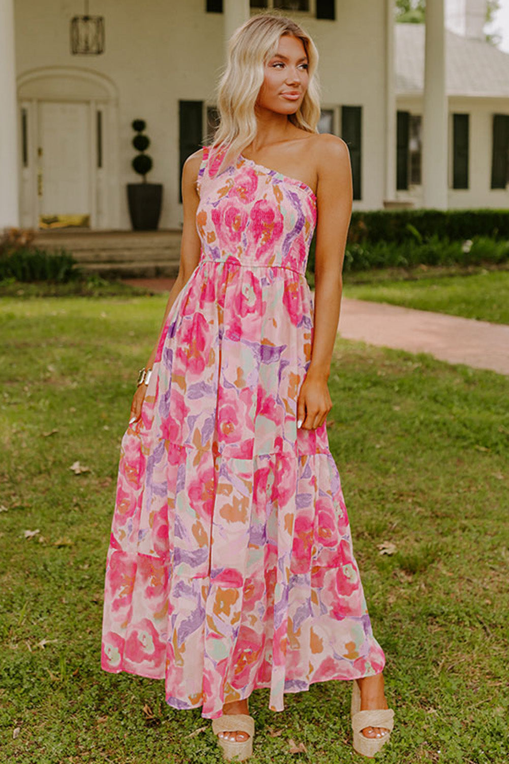 Pink Abstract Floral Print Shirred One Shoulder Maxi Dress eAura