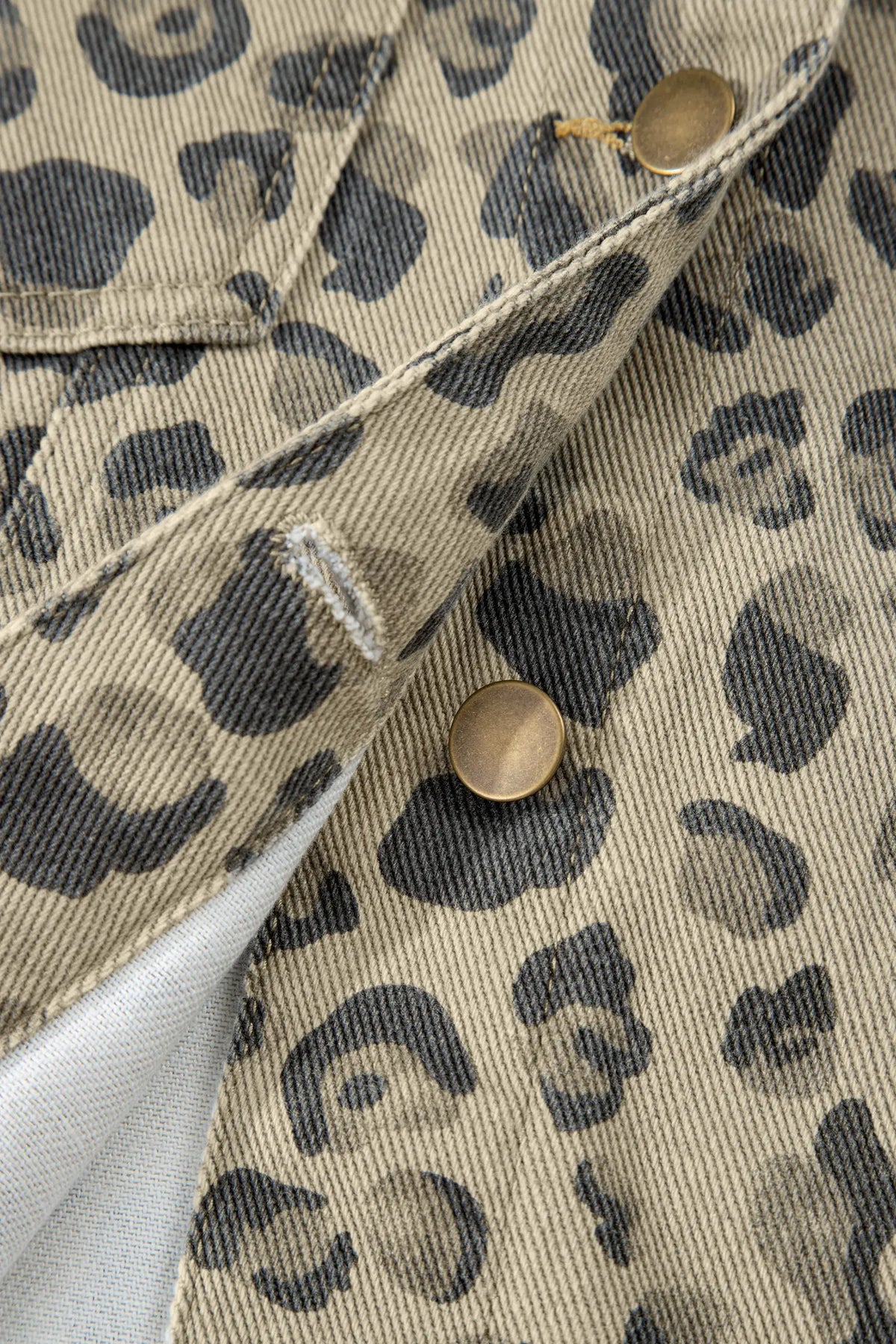 Khaki Retro Leopard Print Seam Detail Button Down Denim Jacket