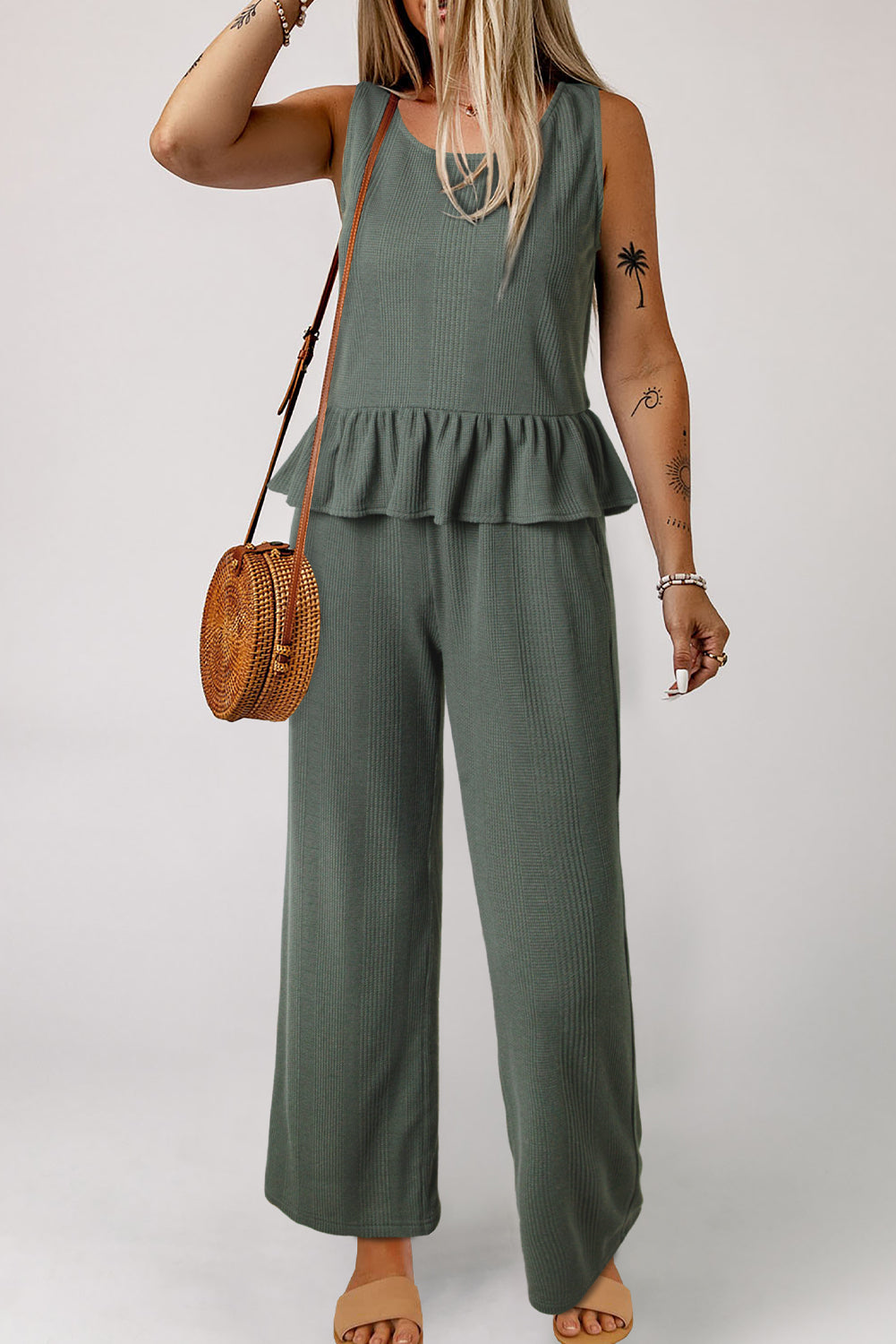 Duffel Green Solid Colour Ribbed Ruffle Tank Top and Trousers Set eAura