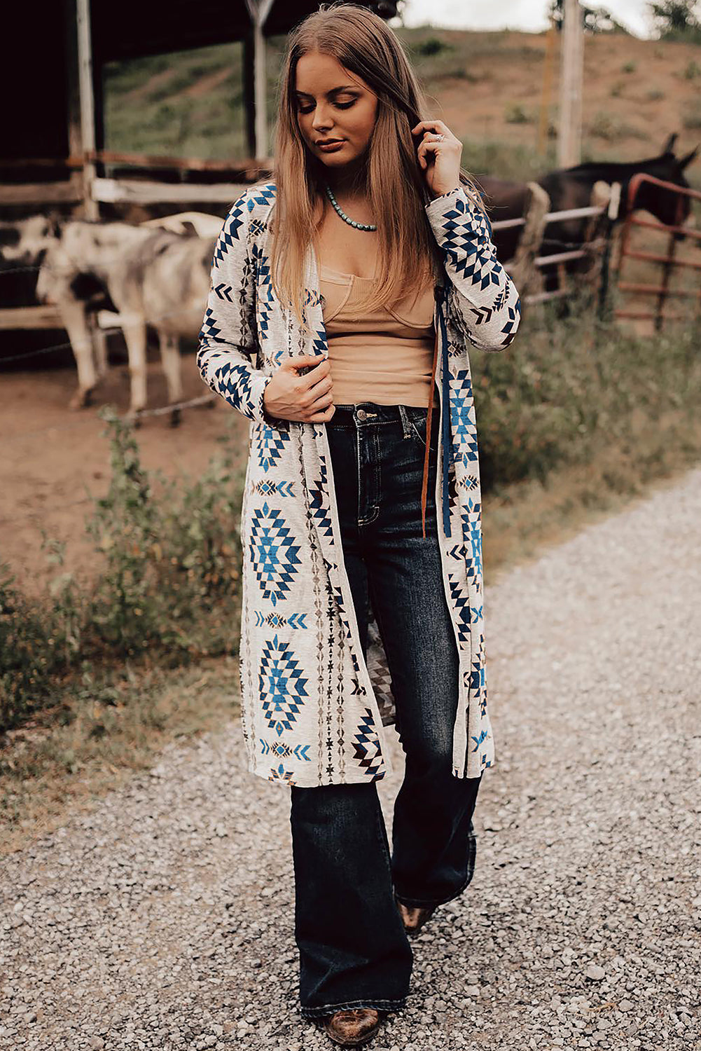 Sky Blue Western Aztec Printed Open Front Long Cardigan eAura