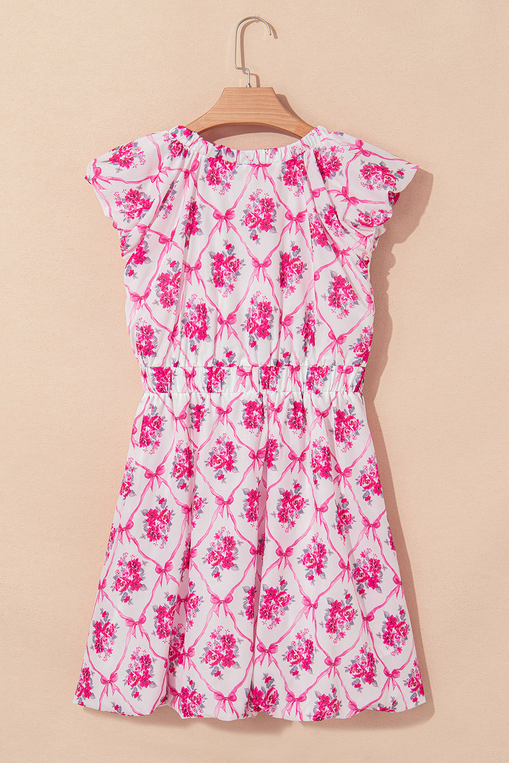 Multicolour Bow Lattice Floral Print V Neck Knot Decor Mini Dress eAura