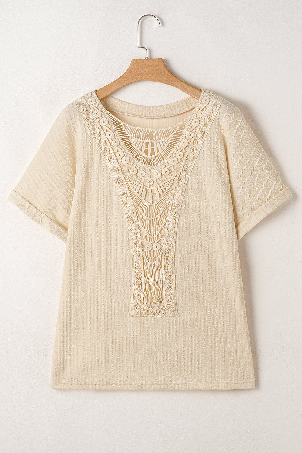 Beige Lace Crochet Patched Cable Textured Cuffed Short Sleeve Plus Size Top BB Fashion Outlet