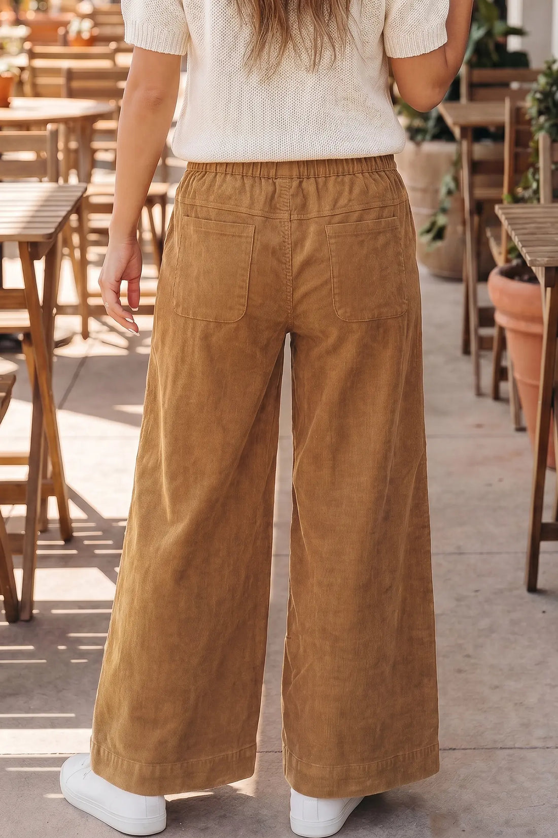 Elastic Waist Wooden Button Placket Wide Leg Trousers