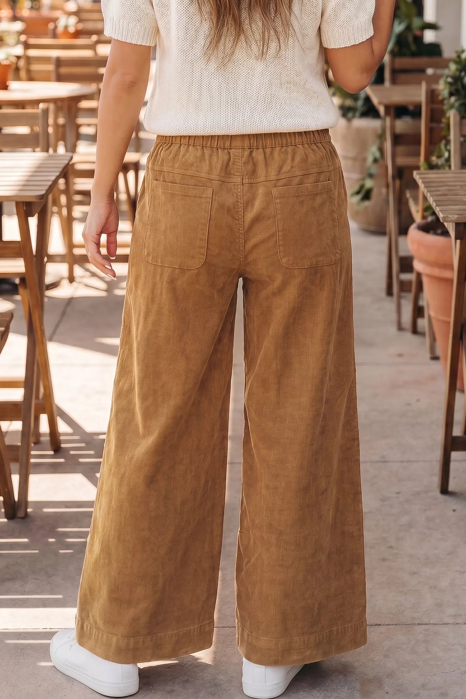 Thai Curry Elastic Waist Wooden Button Placket Ankle Length Wide Leg Pants
