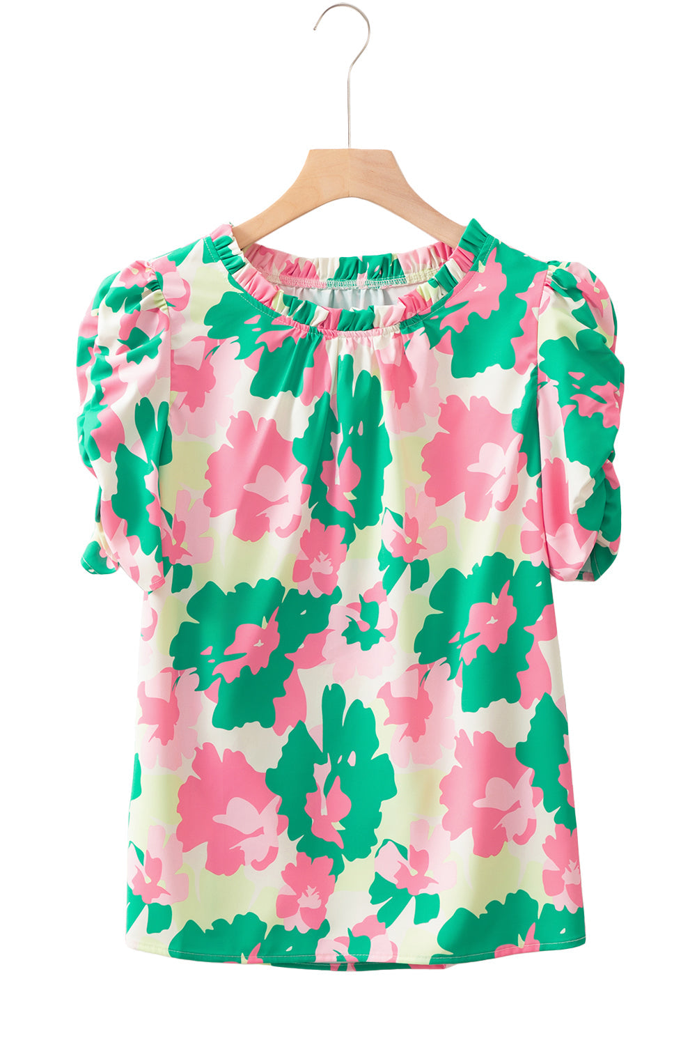 Green Abstract Print Frilly Neck Ruched Short Sleeve Blouse eAura