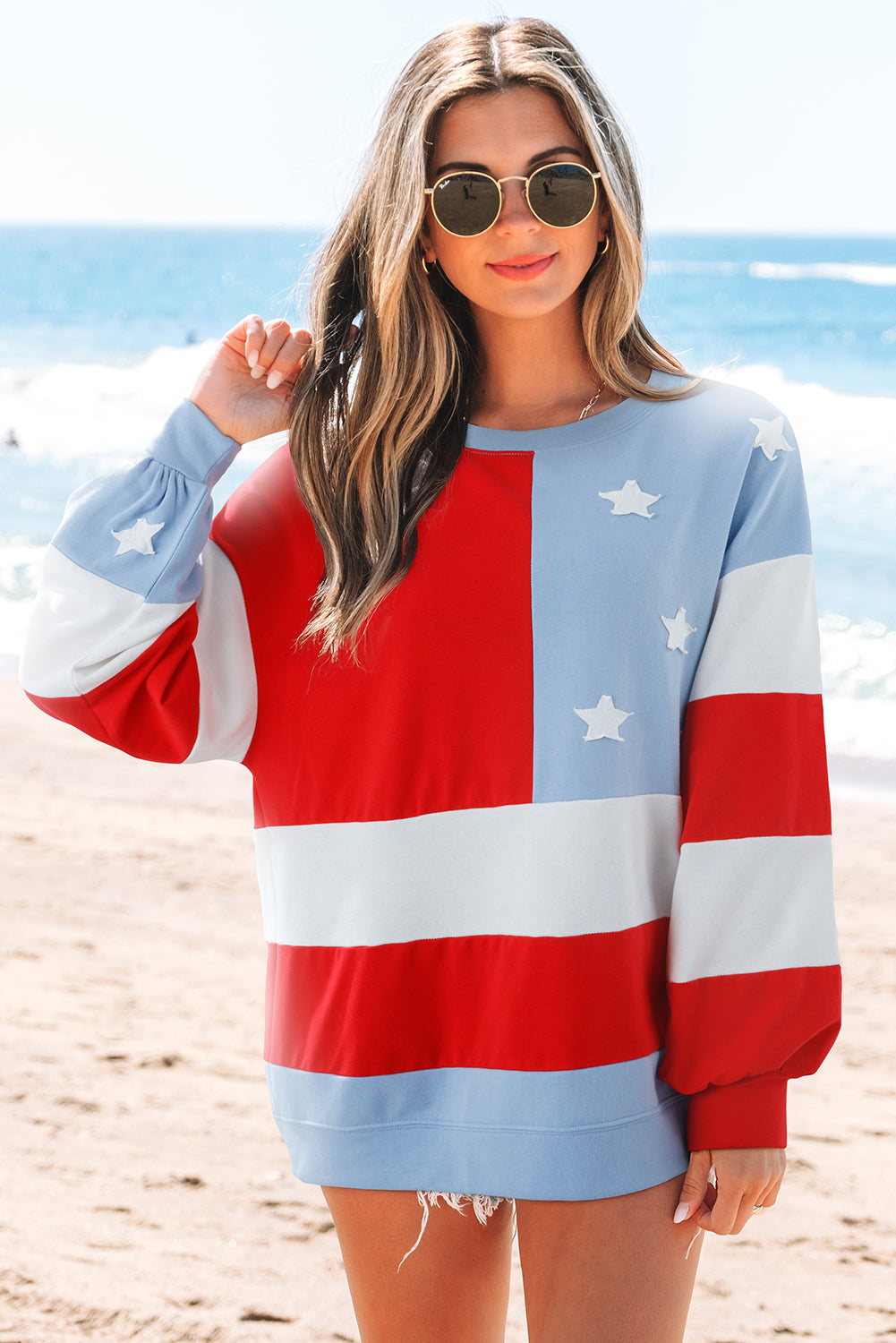 Multicolour American Flag Vintage Oversized Pullover Sweatshirt - eAura