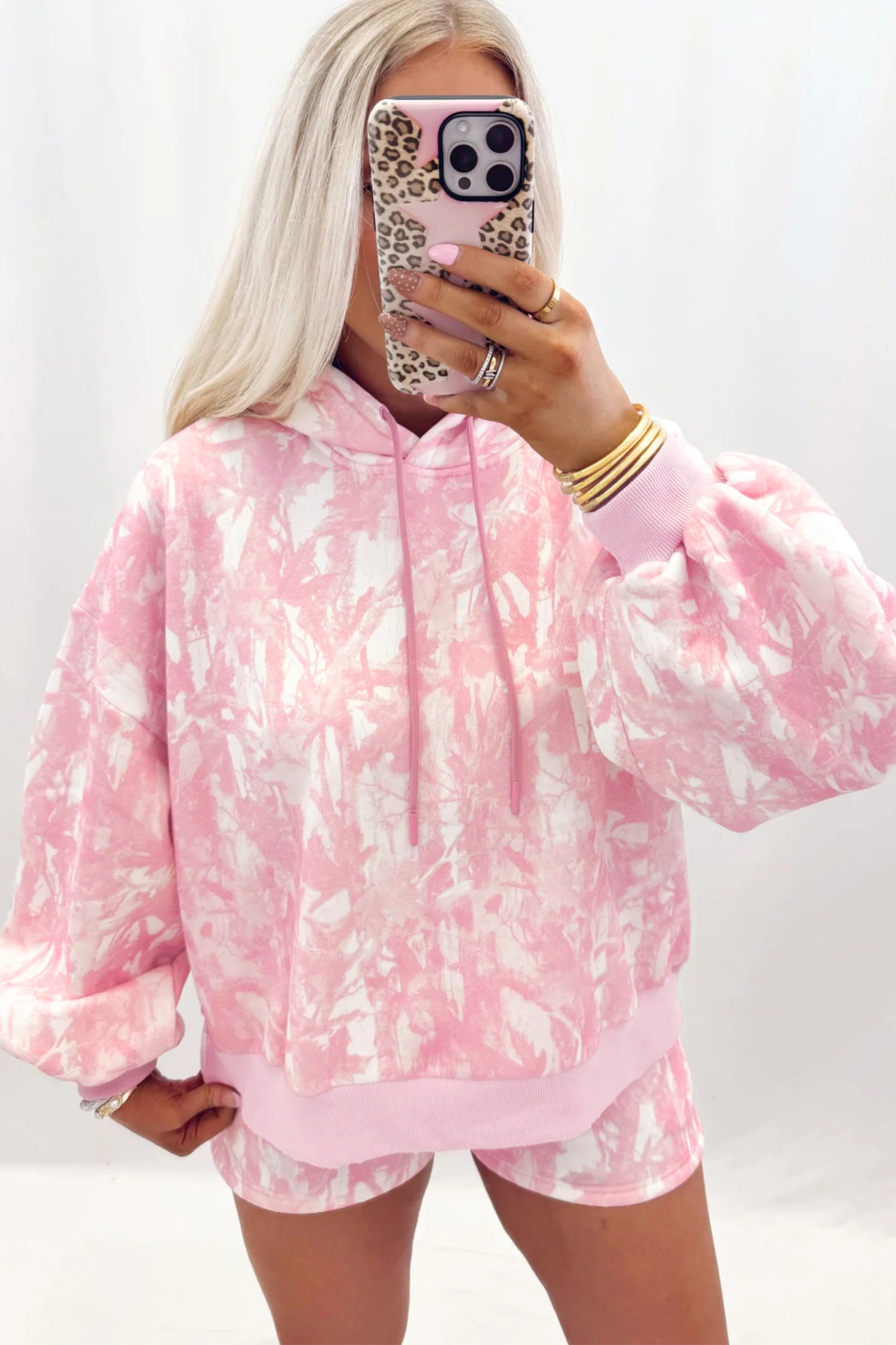 Abstract Print Loose Hoodie Slim Shorts 2pcs Set – Pink