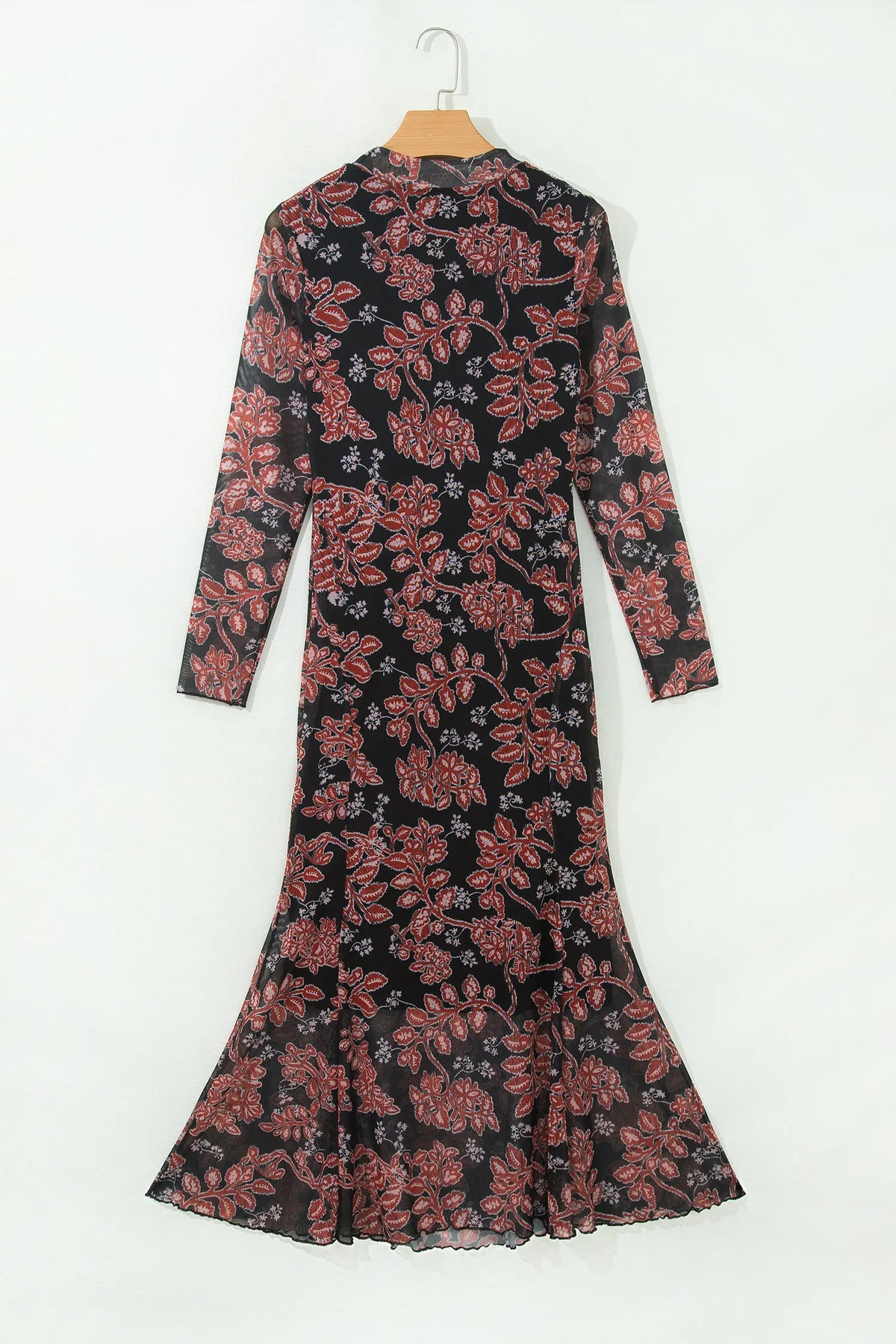 Retro Floral Print Long Sleeve Casual Mesh Dress – Black