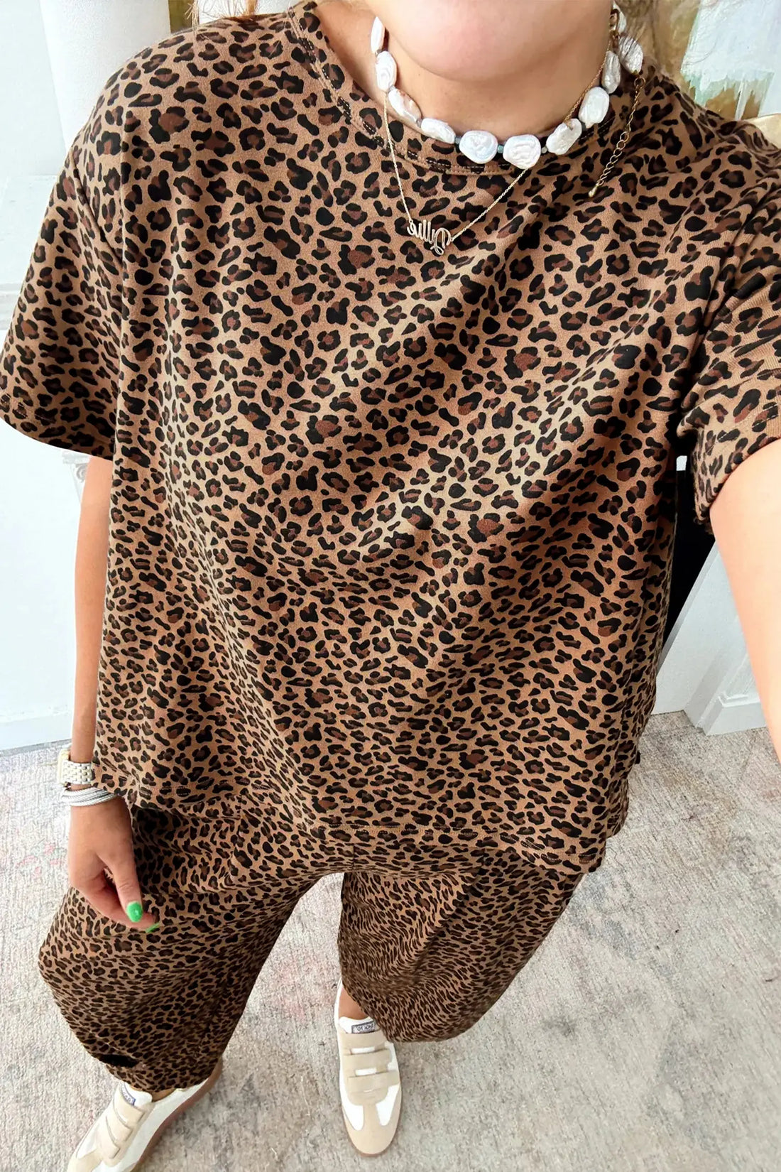 Leopard Print High-Low Tee & Wide Leg Pants Set – Brown