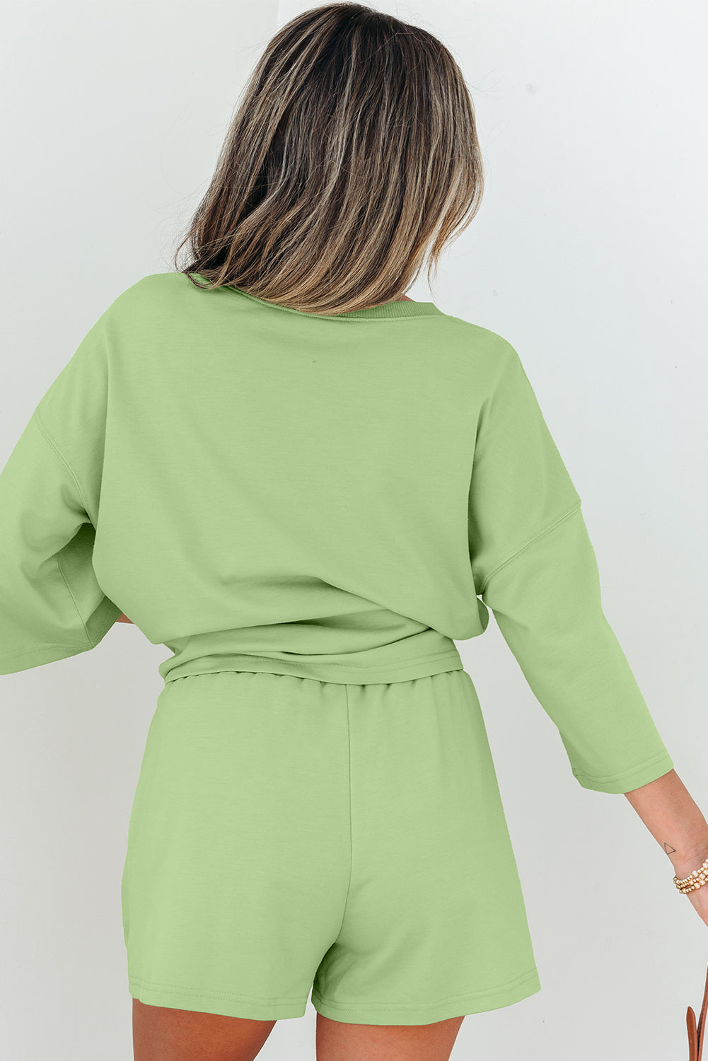 Meadow Mist Green Solid Loose V Neck Half Sleeve Tee and Shorts eAura
