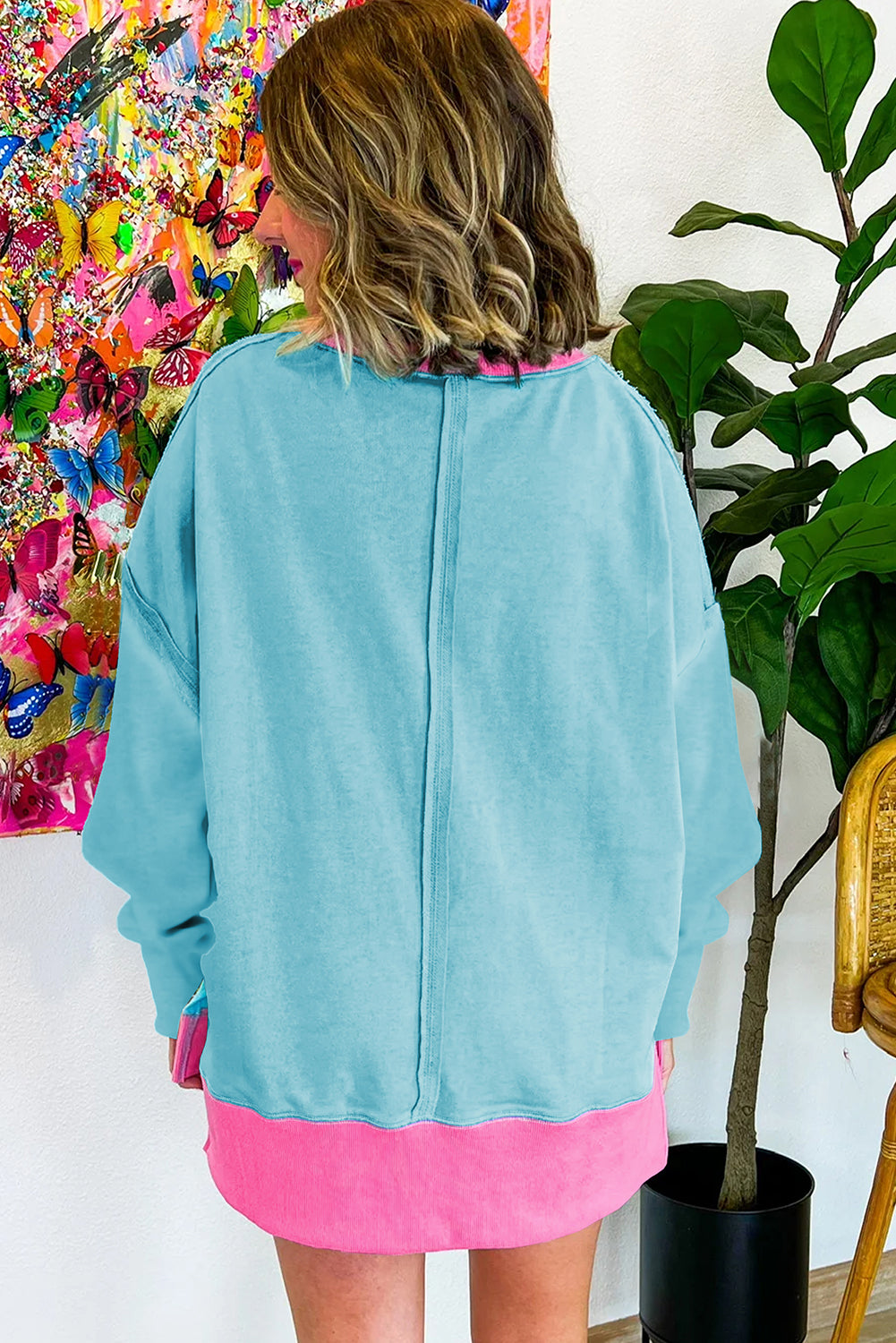 Light Blue Colourblock Patchwork Crew Neck Loose Sweatshirt eAura