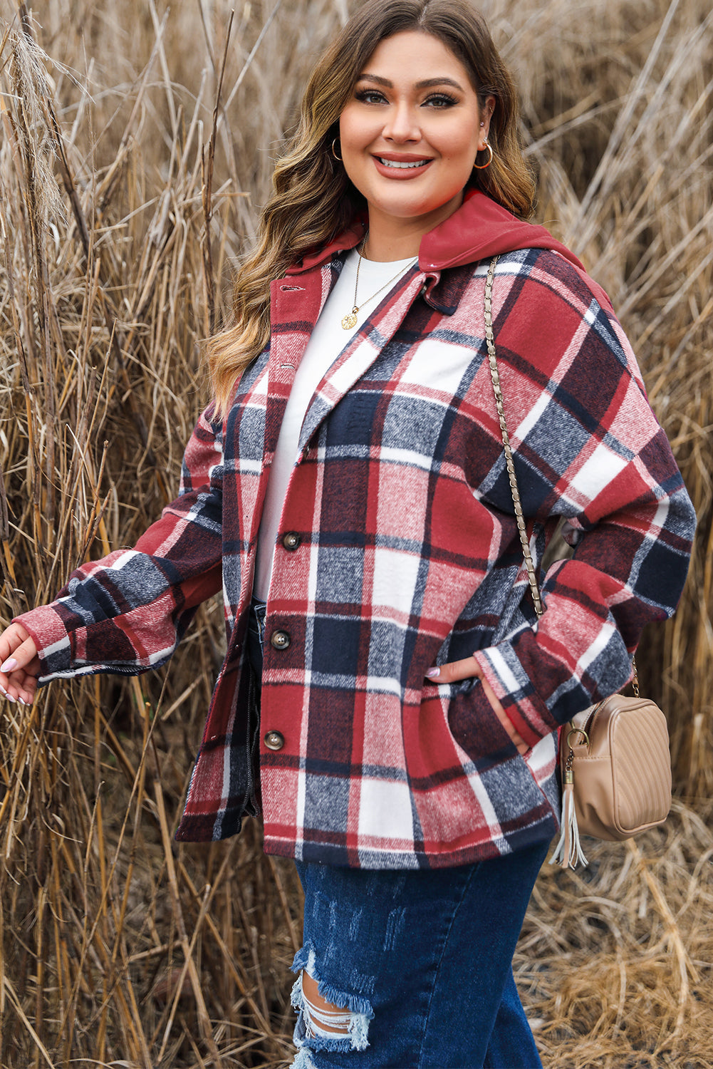 Red Printed Plus Size Plaid Button up Hooded Jacket BB Fashion Outlet