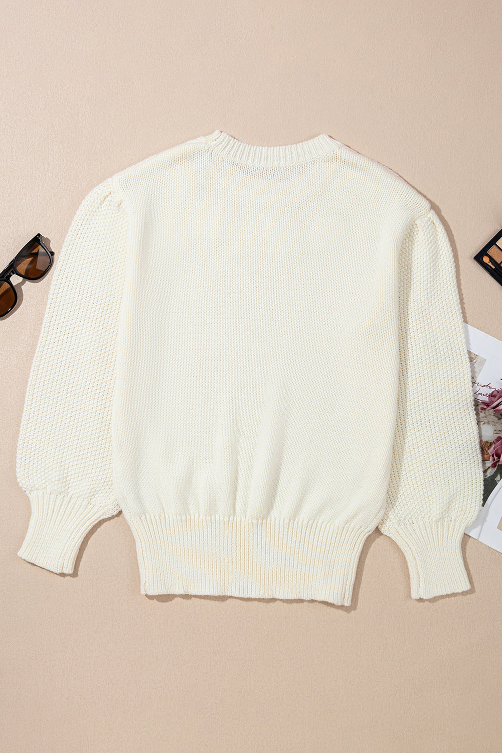 White Flower Detail Round Neck Puff Sleeve Sweater eAura
