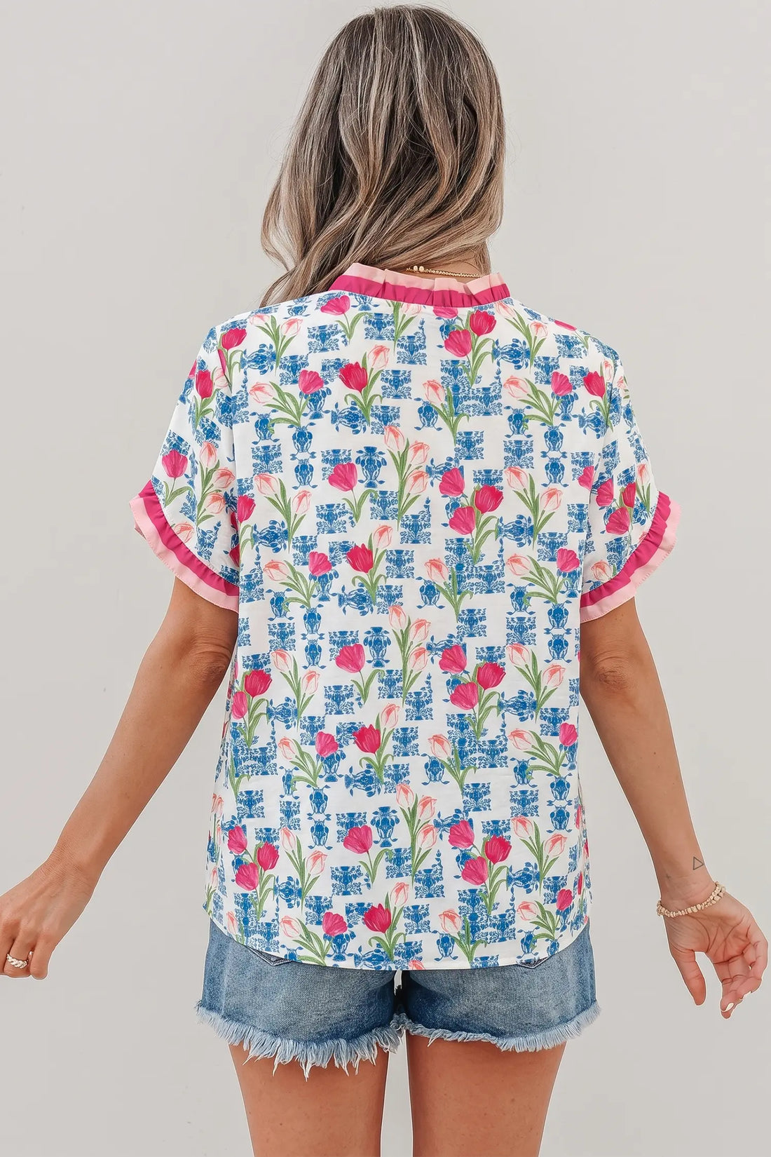Floral Print Ruffle V-Neck Short Sleeve Loose Tunic Shirt – Rose