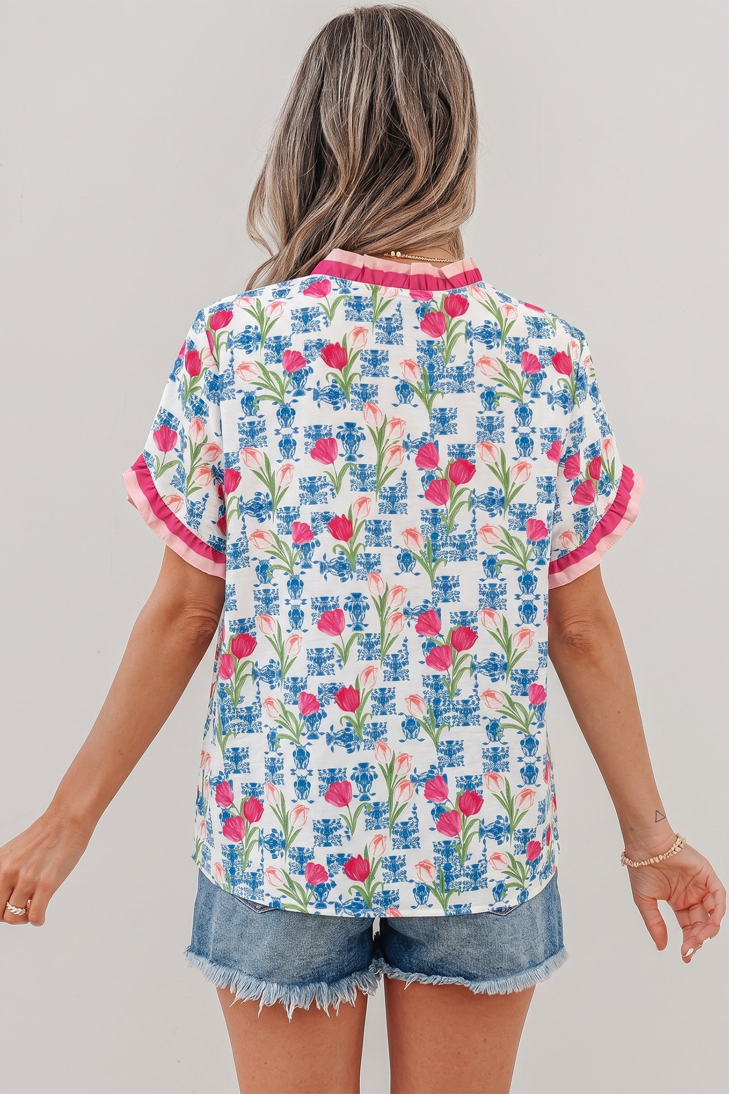 Floral Print Ruffle V-Neck Short Sleeve Loose Tunic Shirt – Rose