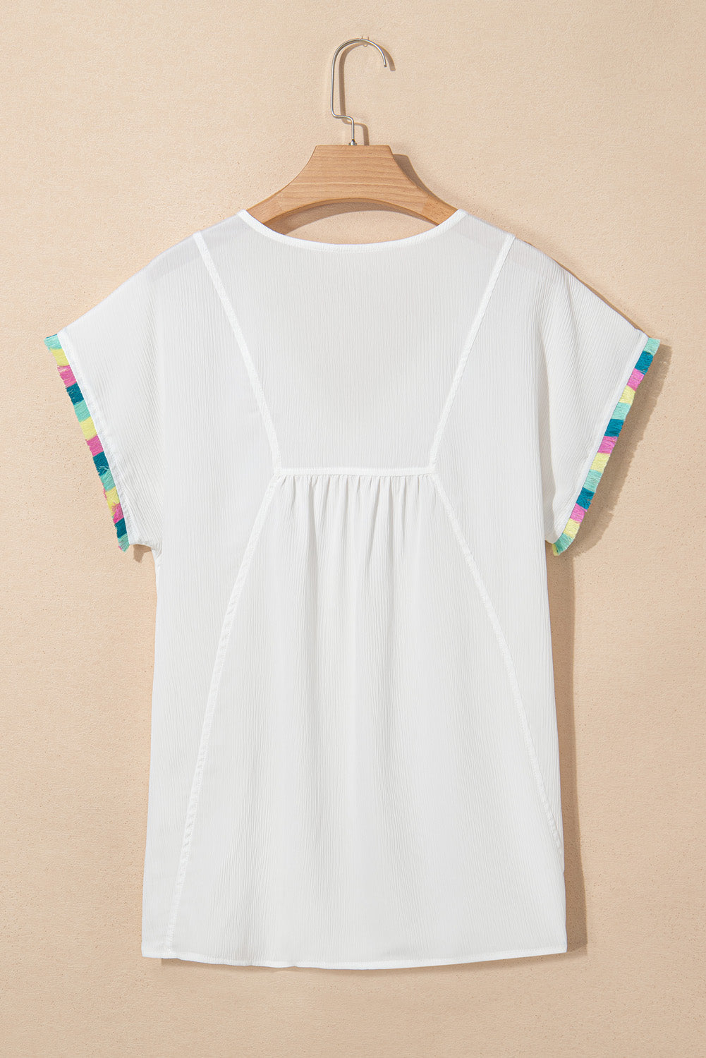 White Colourful Fringed Detail Tassel Tie Neck Short Sleeve Blouse eAura