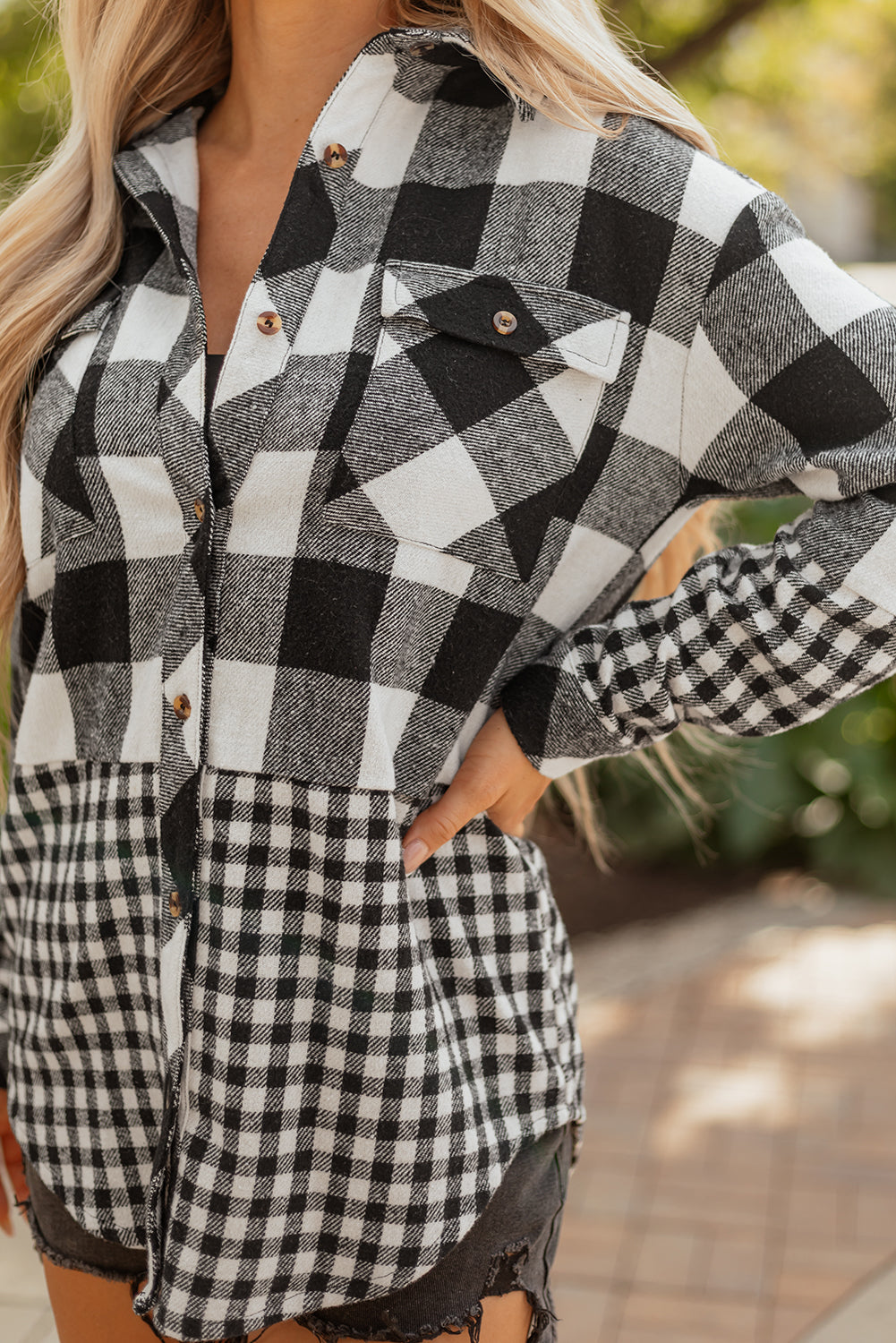 Black Double Plaid Patchwork Drawstring Hooded Shacket eAura