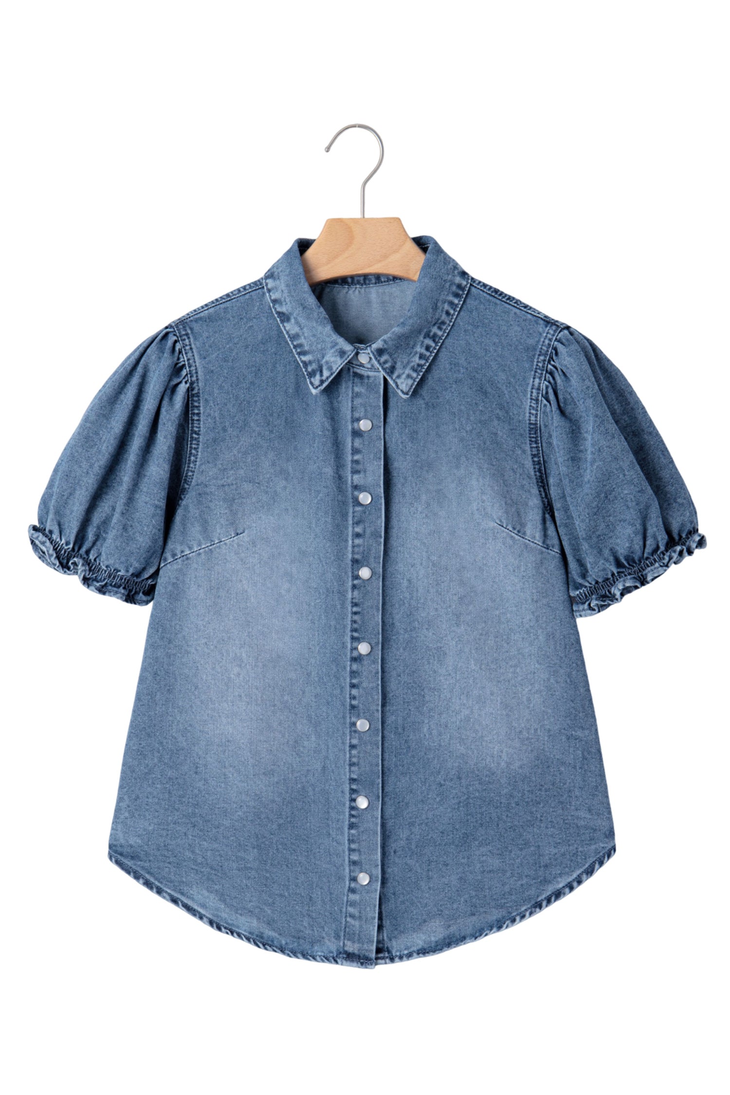 Frilled Short Sleeve Snap Button Denim Shirt