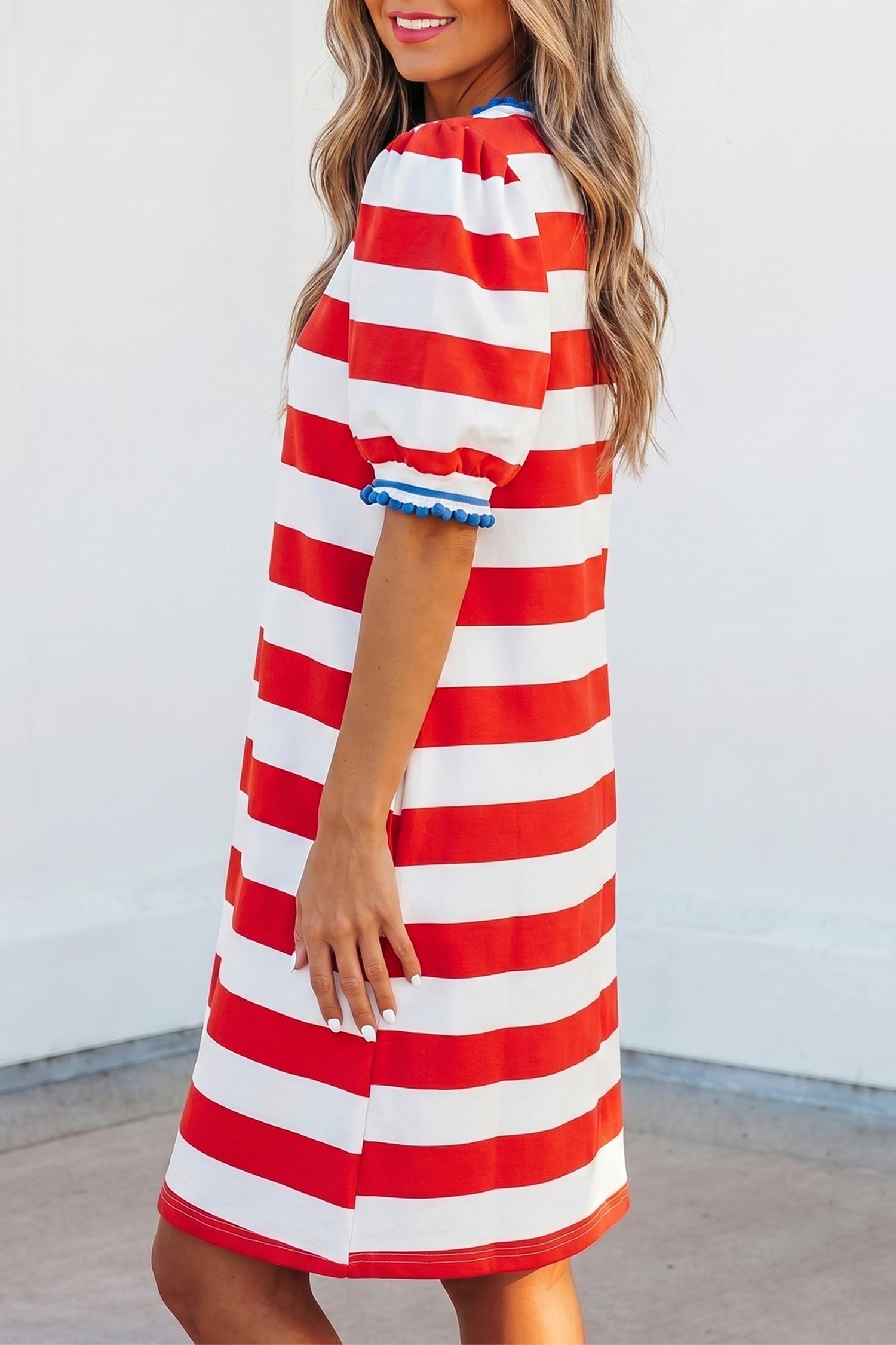 Stripe Contrast Trim Round Neck Short Puff Sleeve Shift Mini Dress
