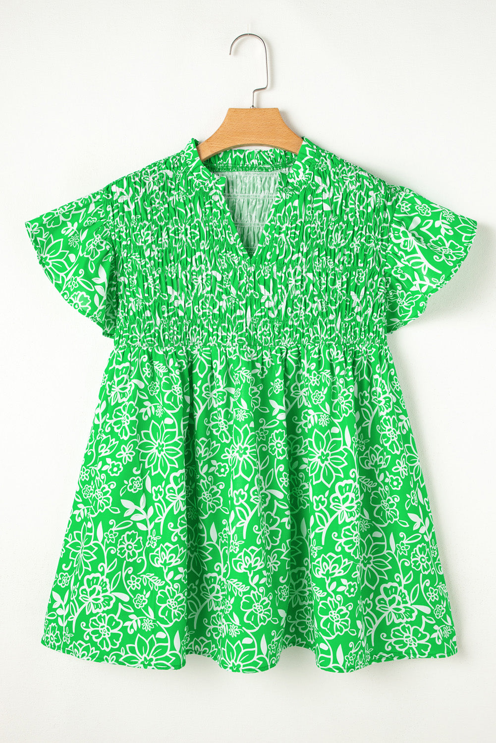 Green Floral Flutter Sleeve Shirred Notched Neck Plus Size Blouse BB Fashion Outlet
