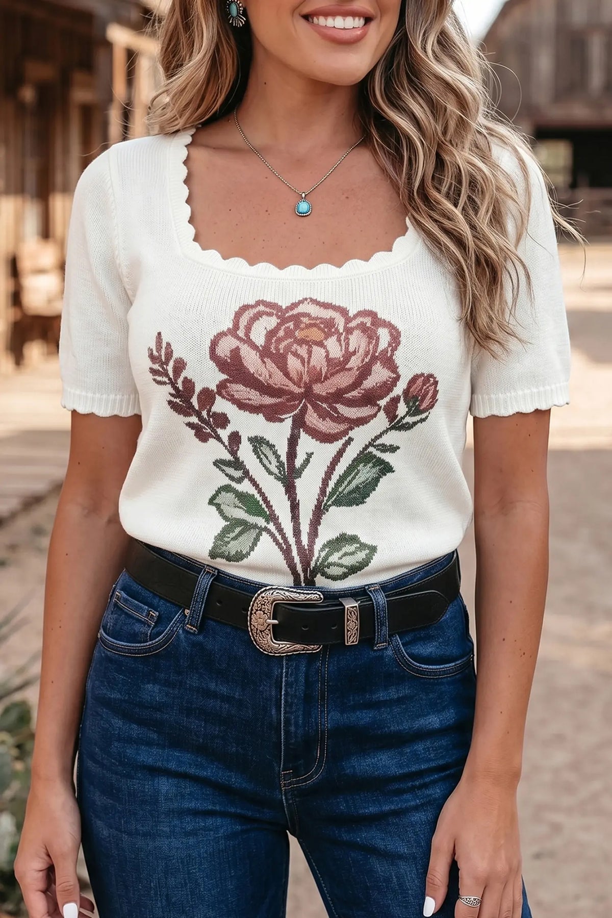 Western Floral Print Short Sleeve Square Collar Knit Sweater – White