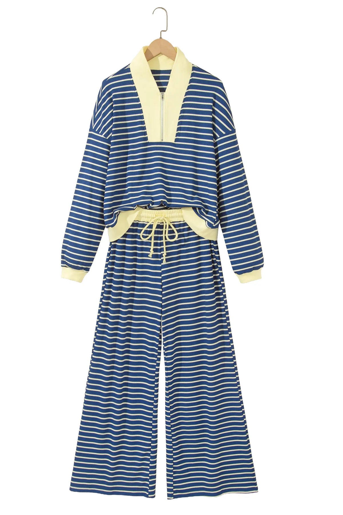 Colour Block Patchwork Zip V Neck Pullover Loose Pants 2pcs Set – Blue Stripe