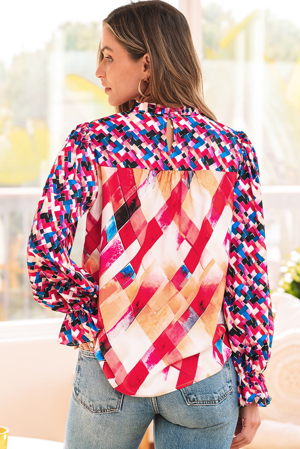 Rose Red Abstract Geometric Pattern Patchwork Puff Sleeve Blouse eAura