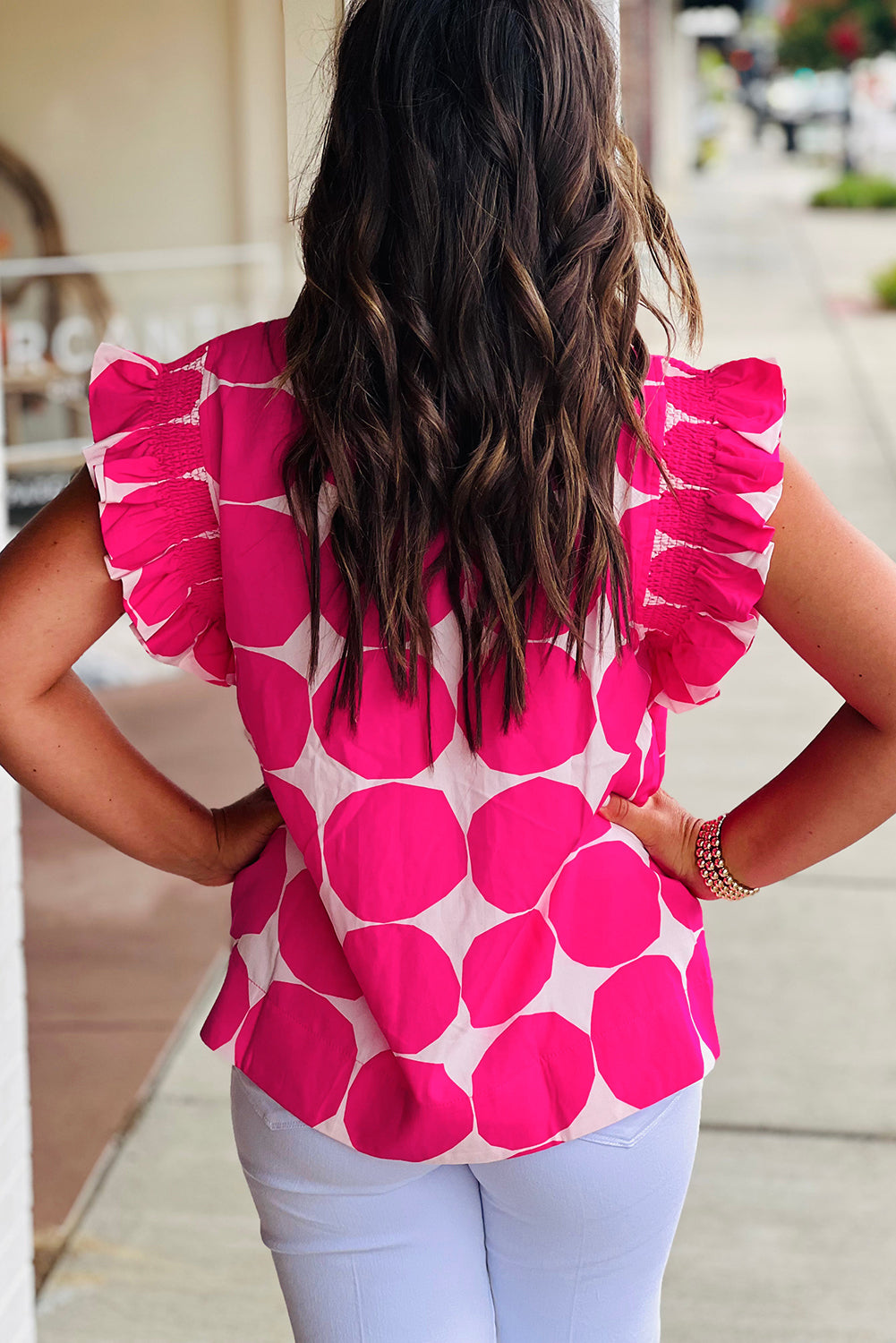 Rose Bubblegum Pattern Frilled Collar Flutter Sleeve Top eAura