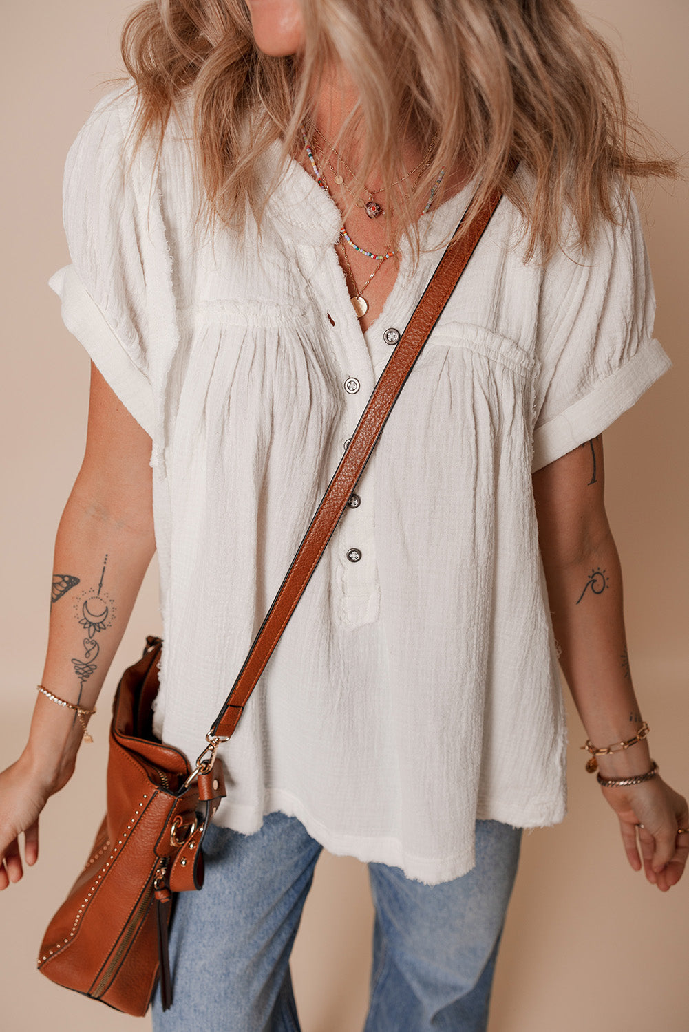 White Textured Short Sleeve Buttons Frayed Blouse eAura